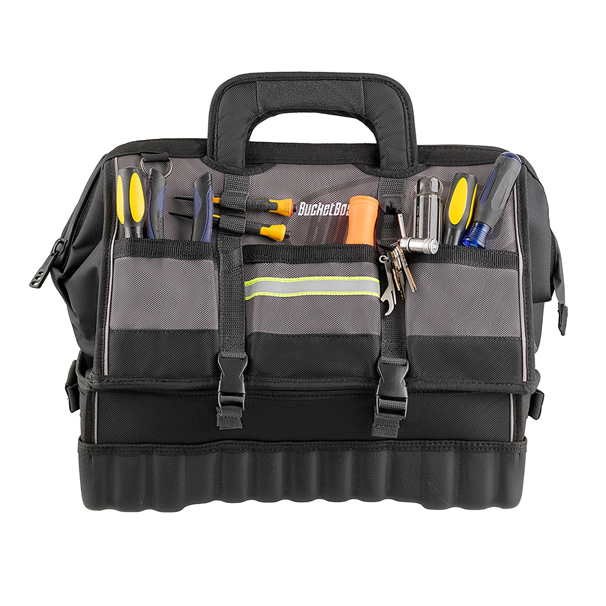 Bolsa de herramientas con cremallera de 18 pulgadas de ancho, 11 pulgadas de profundidad y 14 pulgadas de largo, gris y negro con base desplegable Bucket Boss 68118-HV