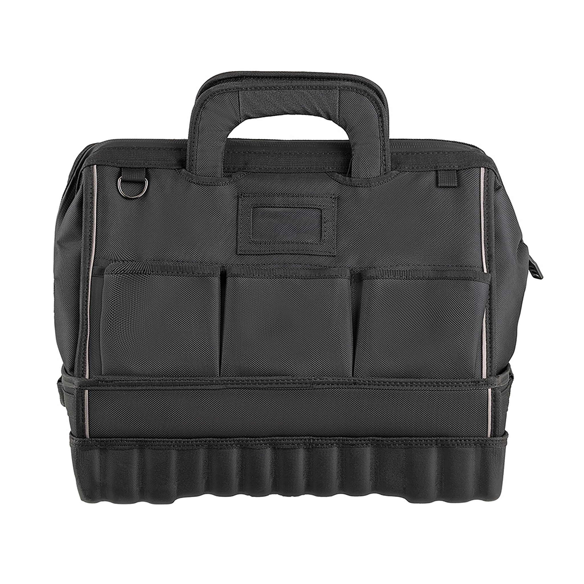 Bolsa de herramientas con cremallera de 18 pulgadas de ancho, 11 pulgadas de profundidad y 14 pulgadas de largo, gris y negro con base desplegable Bucket Boss 68118-HV