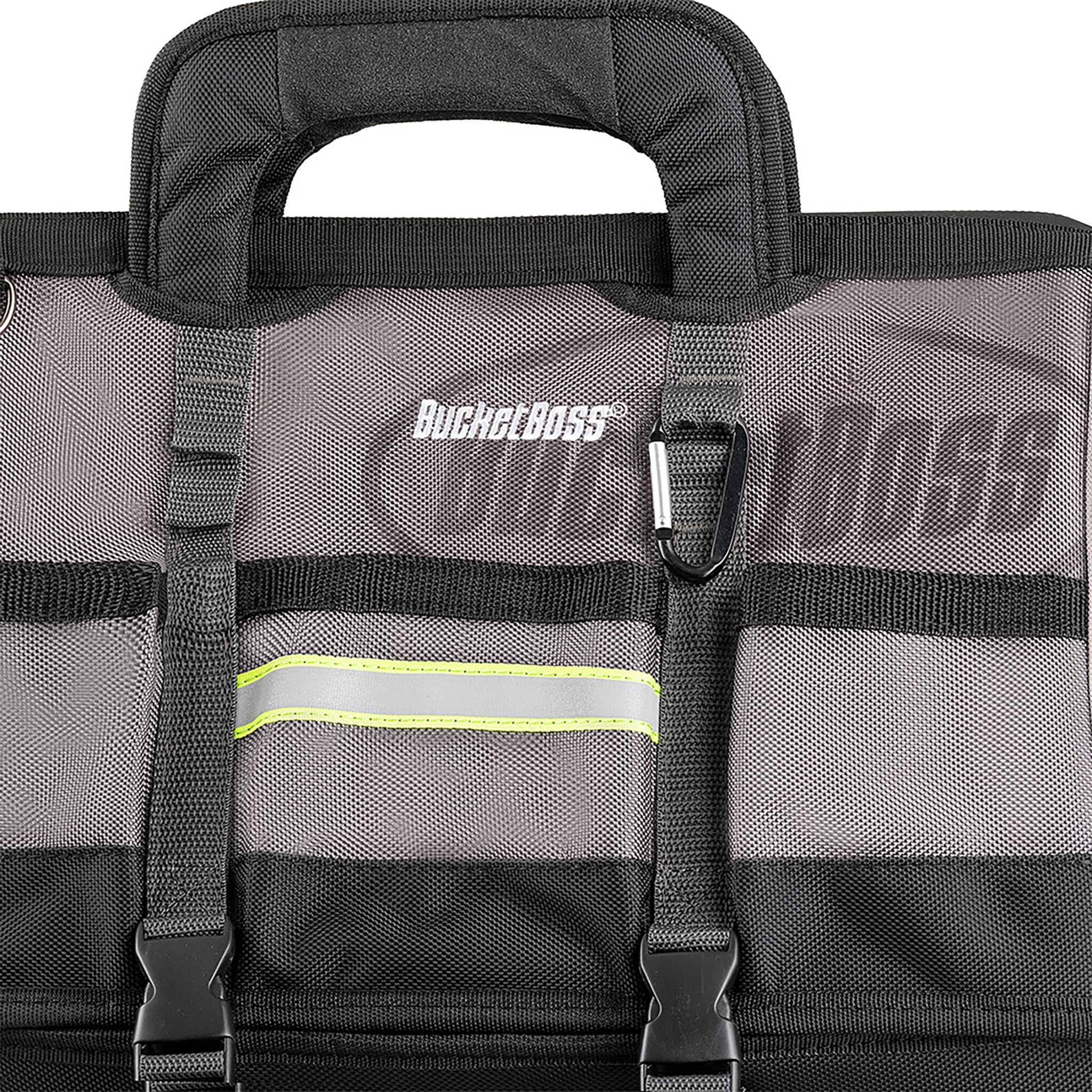 Bolsa de herramientas con cremallera de 18 pulgadas de ancho, 11 pulgadas de profundidad y 14 pulgadas de largo, gris y negro con base desplegable Bucket Boss 68118-HV