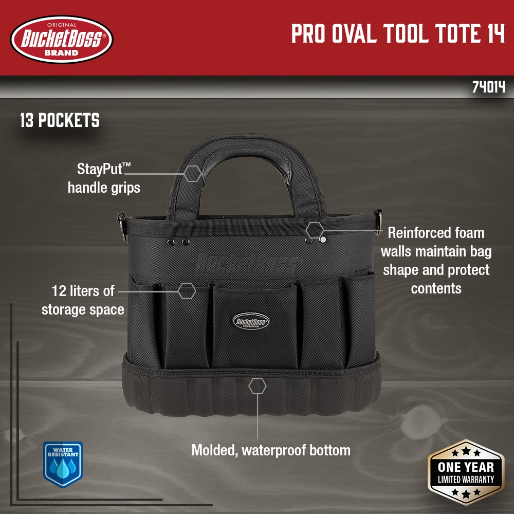 Tote de herramientas Bucket Boss Pro Oval 14 de poliéster negro de 13.5 pulgadas de ancho x 7 pulgadas de profundidad x 10 pulgadas de largo 74014