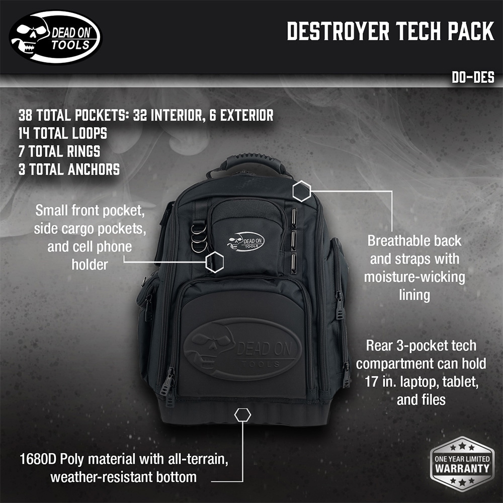 Mochila Dead On Destroyer Tech Pack Negro Poliéster 16 pulgadas de ancho x 9.5 pulgadas de profundidad x 19 pulgadas de largo con cierre de cremallera DO-DES