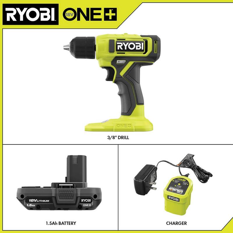 Kit de taladro/destornillador inalámbrico RYOBI ONE+ 18V de 3/8 pulgadas con batería de 1.5 Ah, cargador y juego de brocas y puntas de atornillar (95 piezas) - PCL201K1-A989504