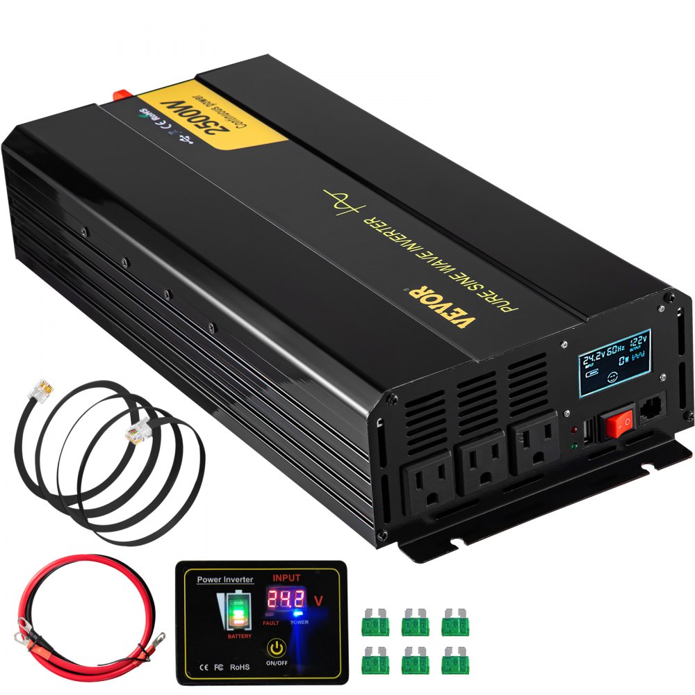 VEVOR Pure Sine Wave Inverter, 2500 Watt Power Inverter, DC 24V to AC 120V Car Inverter, with USB Port, LCD Display, and Remote Controller Power Converter, for RV Truck Car Solar System Travel Camping - CZXNBQDMKWKDDQK53V9