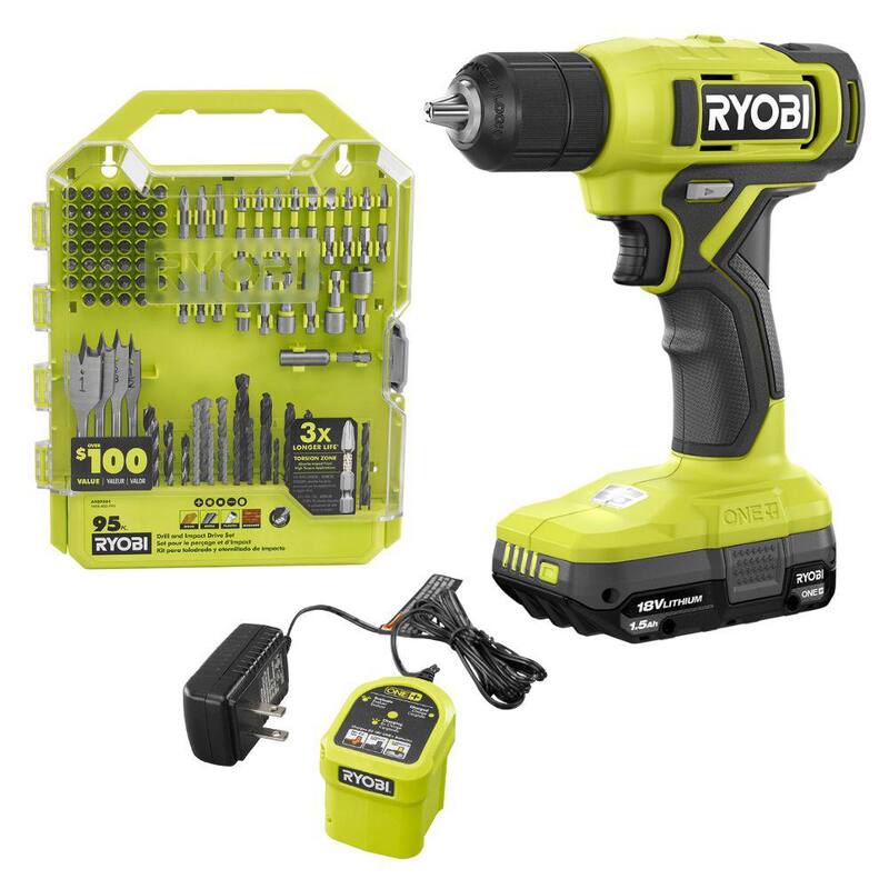 Kit de taladro/destornillador inalámbrico RYOBI ONE+ 18V de 3/8 pulgadas con batería de 1.5 Ah, cargador y juego de brocas y puntas de atornillar (95 piezas) - PCL201K1-A989504