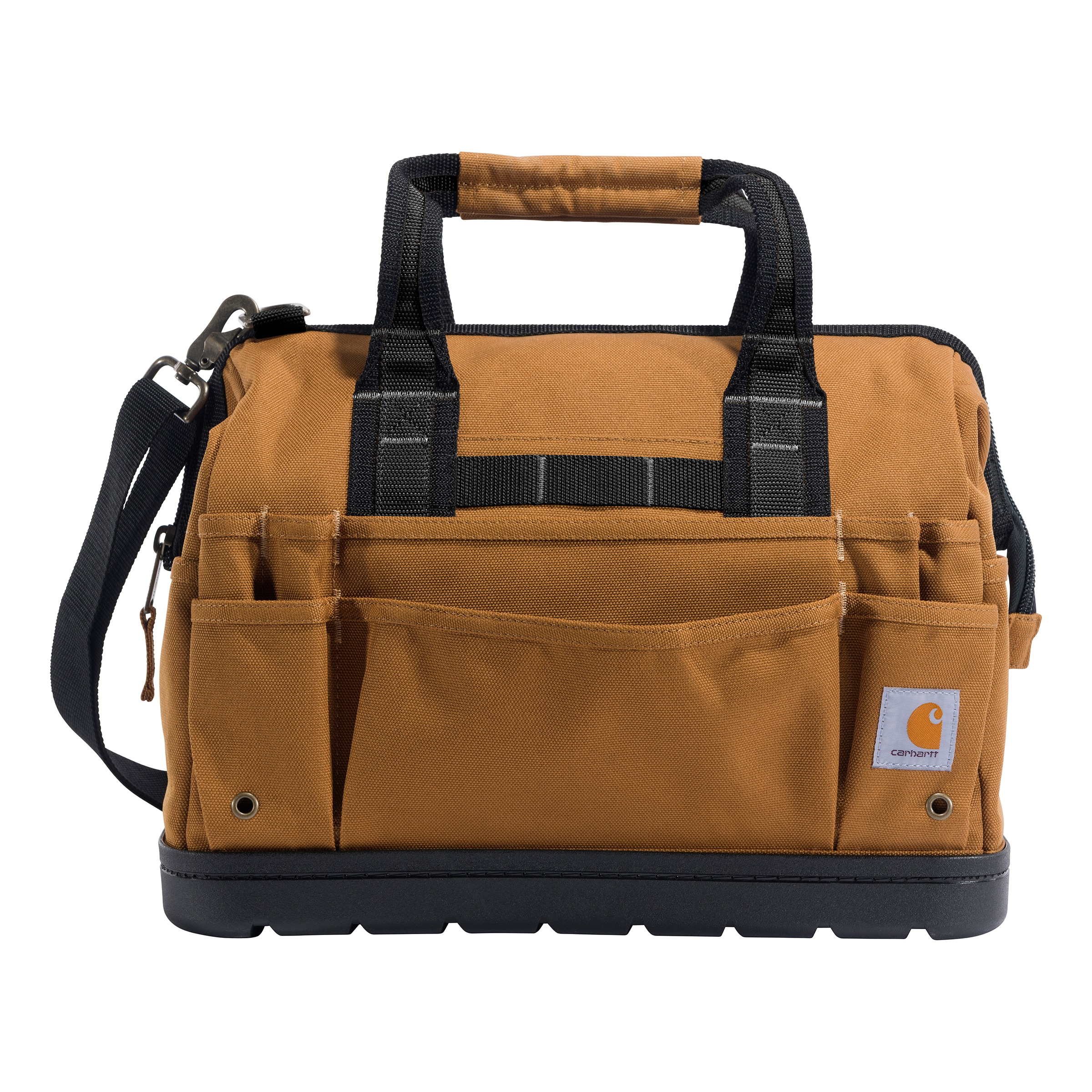 Bolsa de herramientas resistente con base moldeada de 16 pulgadas de Carhartt, color café, en poliéster, con cremallera, medidas 13 pulgadas de ancho x 16.4 pulgadas de profundidad x 16.4 pulgadas de largo.