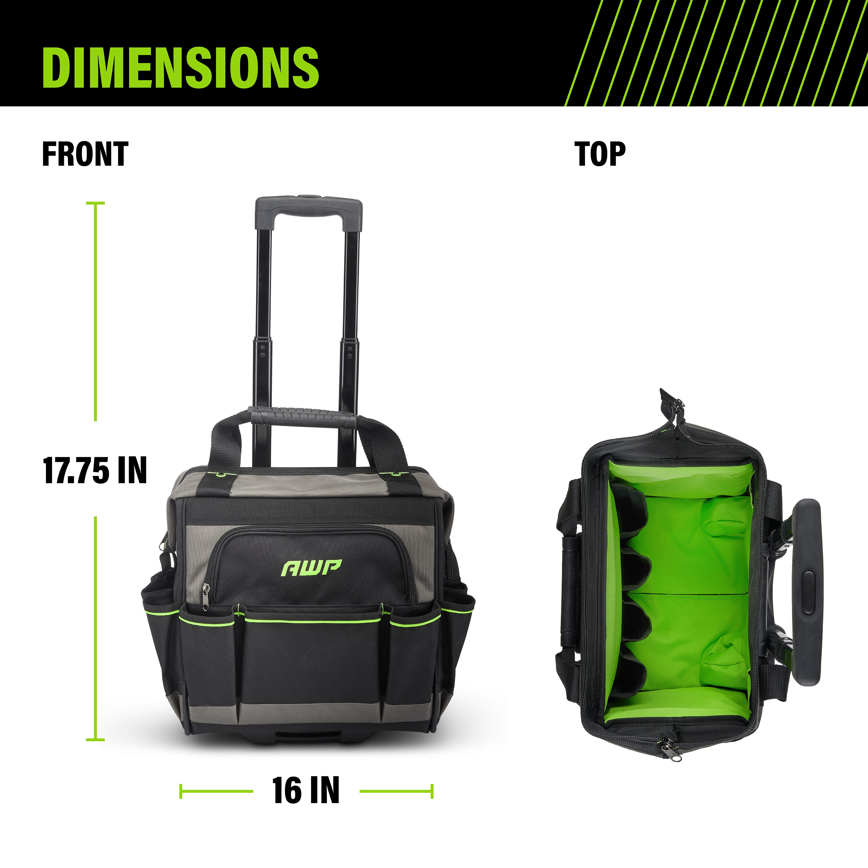 Bolso de herramientas rodante con cremallera de poliéster negro AWP de 14 pulgadas de ancho x 10.5 pulgadas de profundidad x 17 pulgadas de largo L-22814