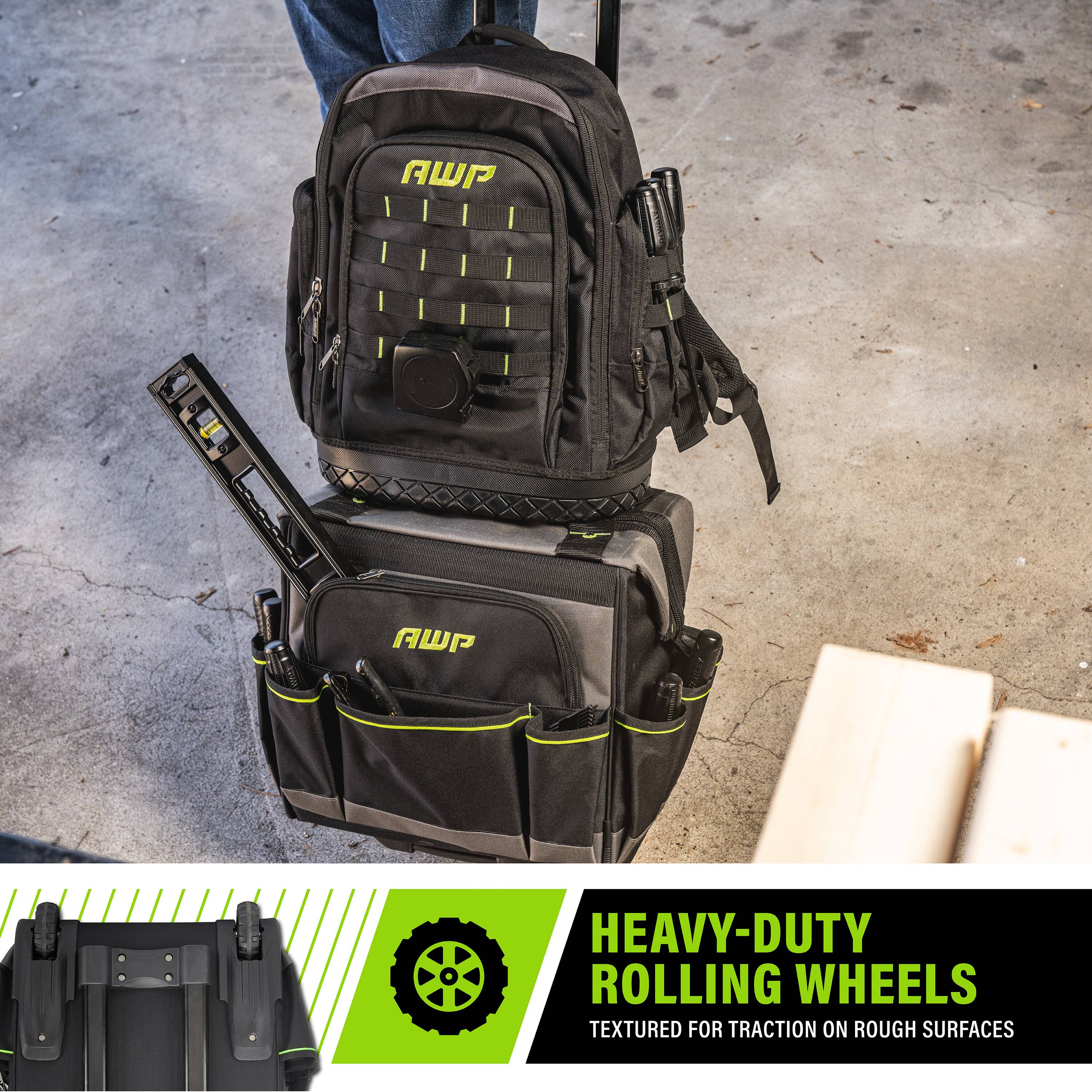 Bolso de herramientas rodante con cremallera de poliéster negro AWP de 14 pulgadas de ancho x 10.5 pulgadas de profundidad x 17 pulgadas de largo L-22814