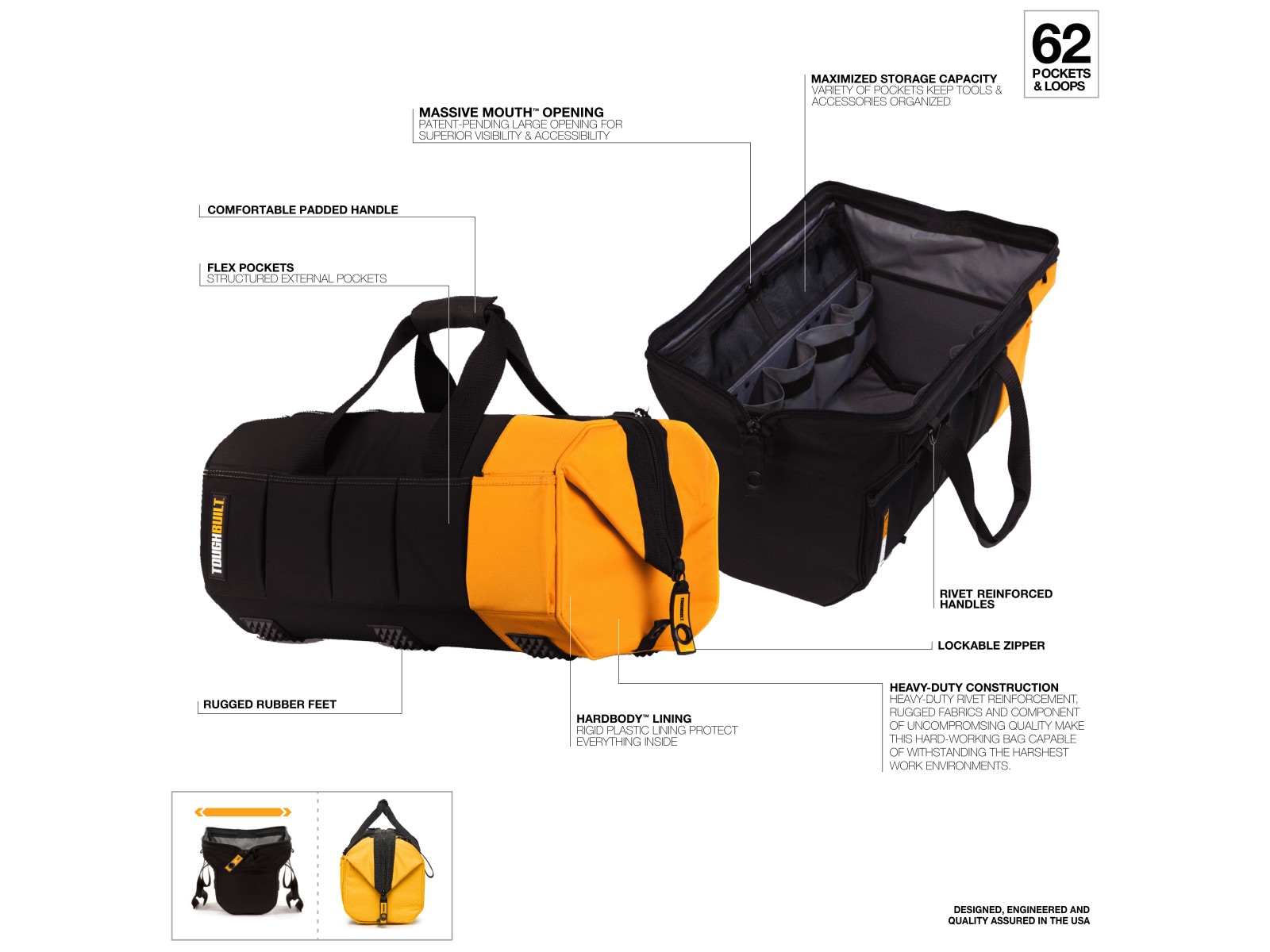 Bolsa de herramientas con cierre TOUGHBUILT Massive Mouth - Fanatic Black de poliéster de 26 pulgadas de ancho x 10.5 pulgadas de profundidad x 11.5 pulgadas de largo TB-60-26