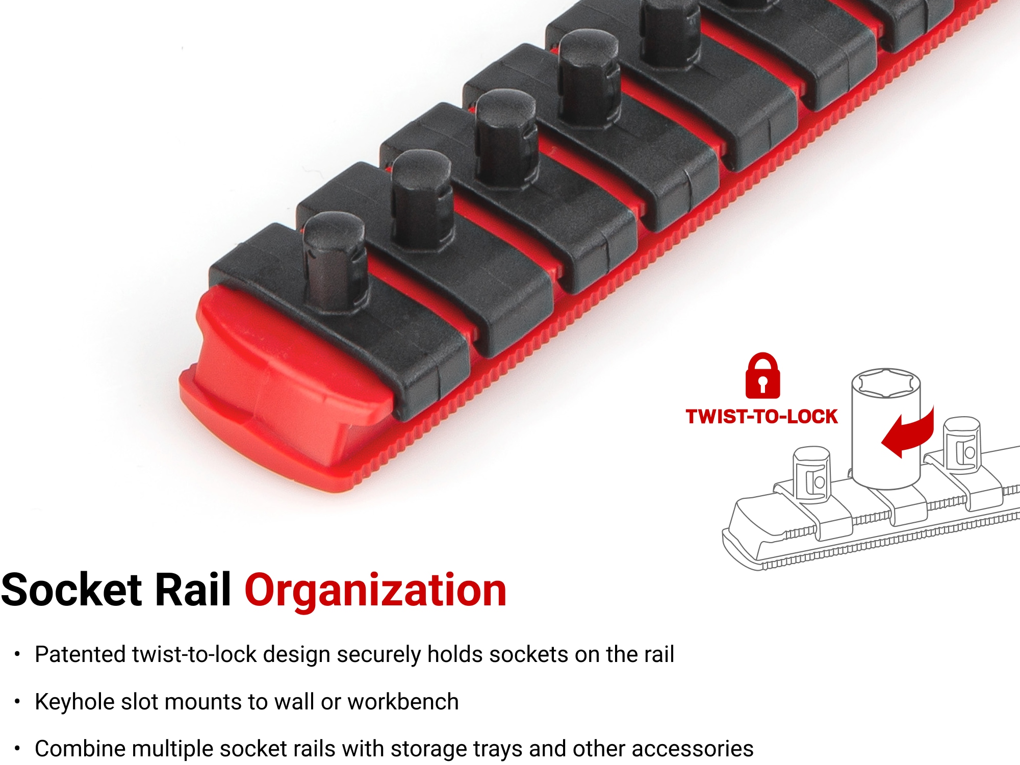 Organizador de sockets de plástico TEKTON - Rieles de 3/8 pulgadas x 13 pulgadas con 30 clips OST12130