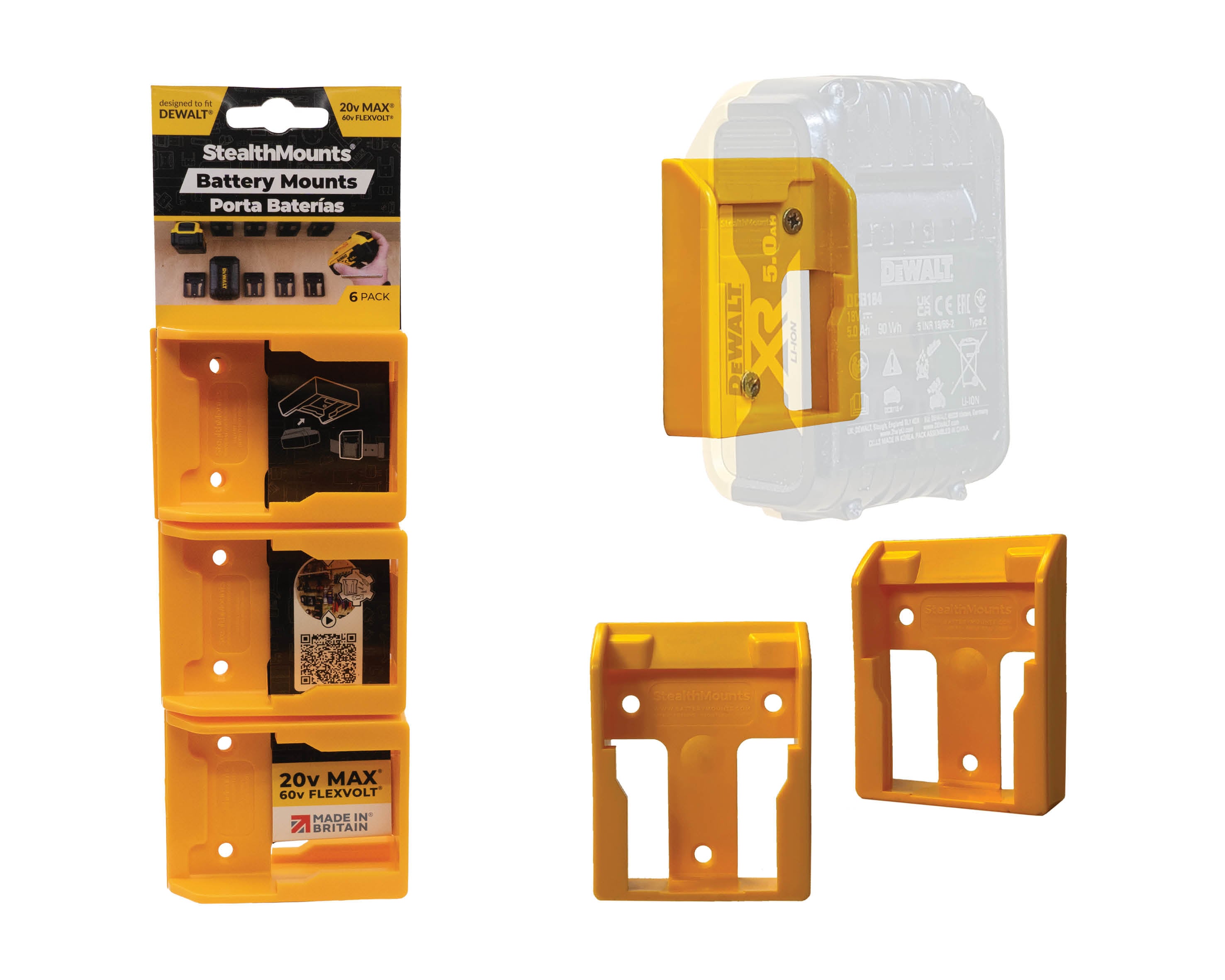 Soportes de montaje StealthMounts de plástico para batería, soportes de batería compatibles con DeWalt 20v (amarillo, paquete de 6) L-BMDWYLW6