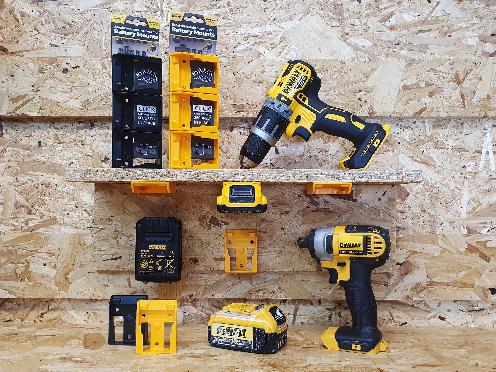 Soportes de montaje StealthMounts de plástico para batería, soportes de batería compatibles con DeWalt 20v (amarillo, paquete de 6) L-BMDWYLW6