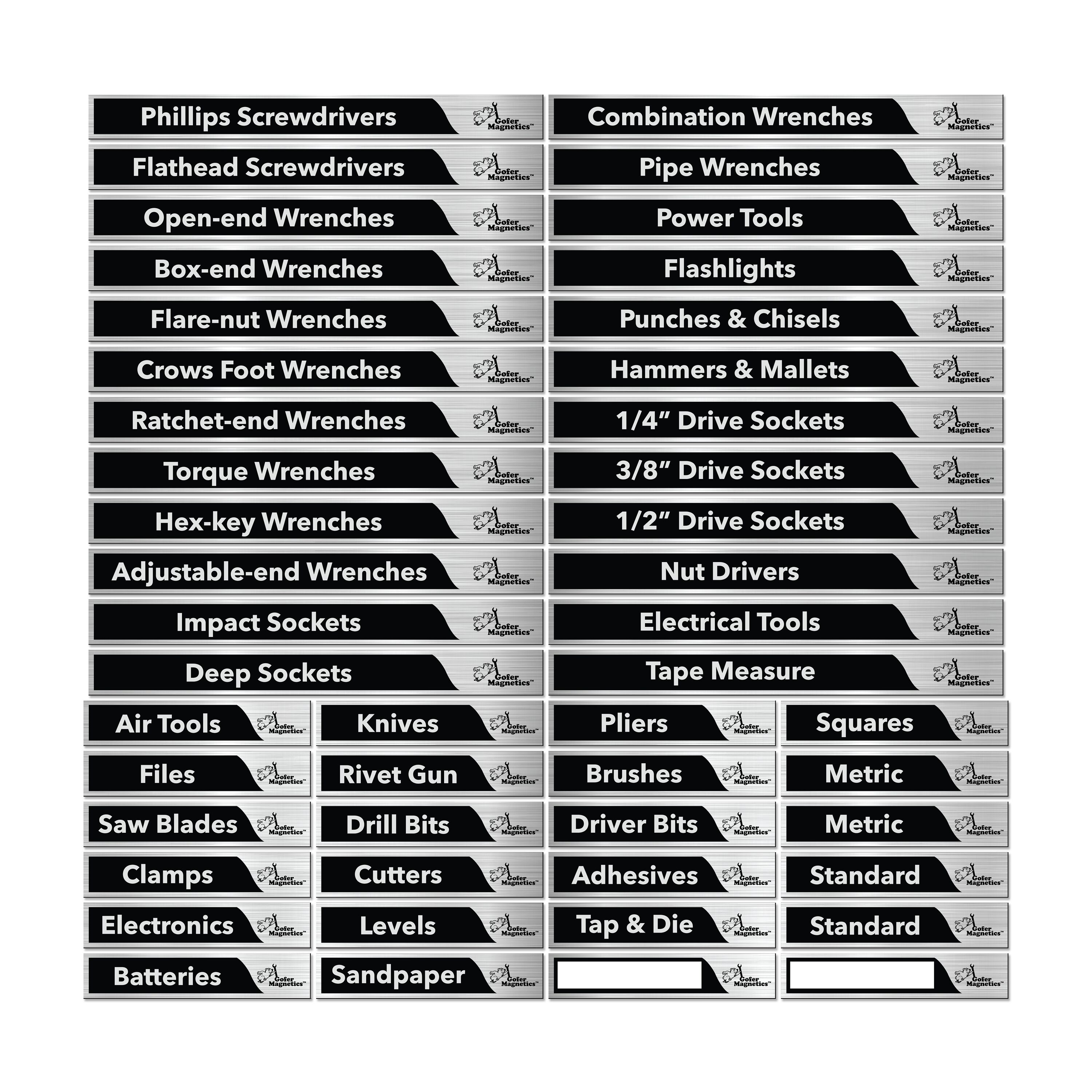 Juego de 48 etiquetas magnéticas para caja de herramientas en color plateado y negro mate de Gofer Magnetics. Incluye 24 etiquetas magnéticas grandes y 24 pequeñas, así como dos en blanco para escribir. GMLB107