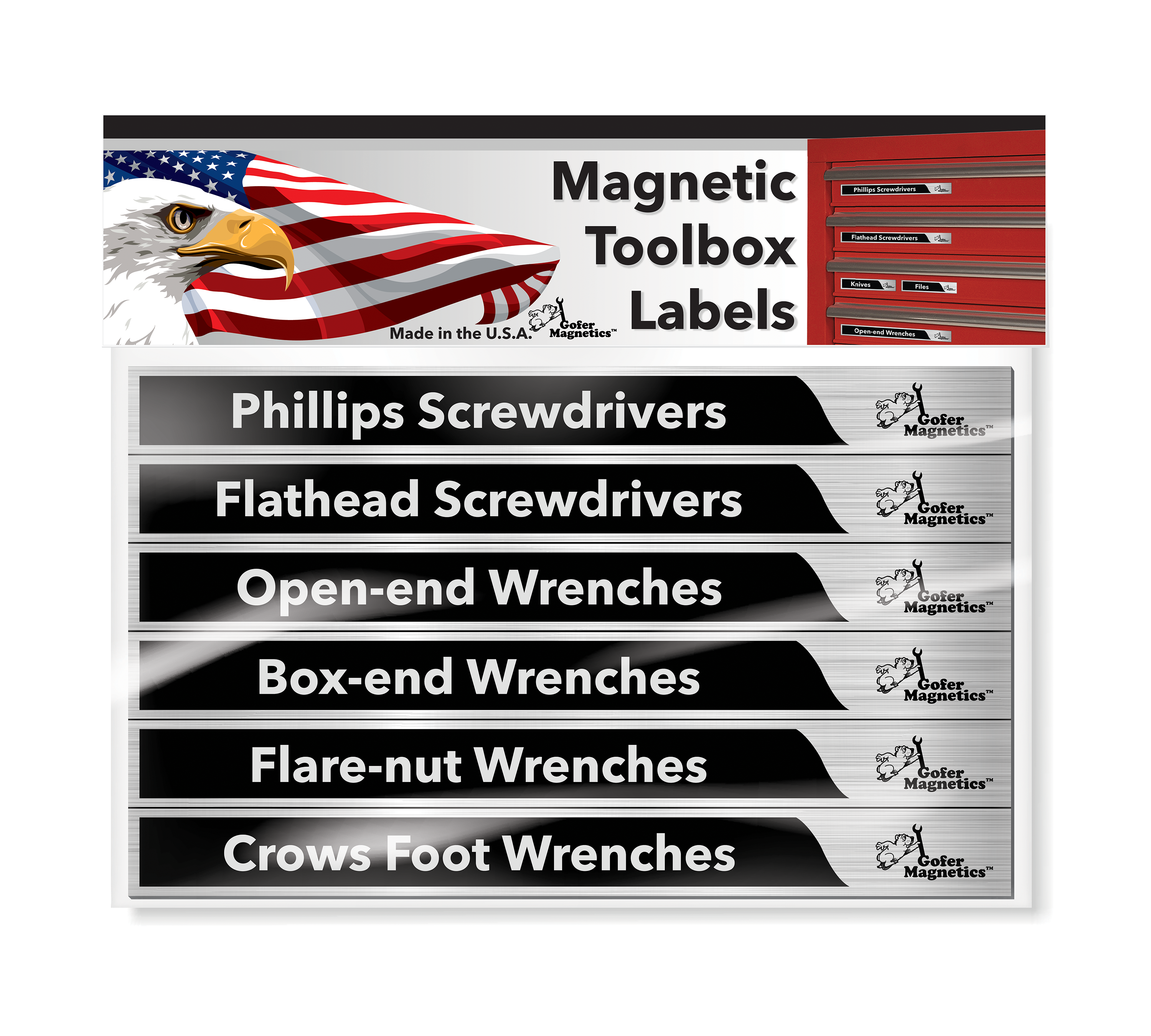 Juego de 48 etiquetas magnéticas para caja de herramientas en color plateado y negro mate de Gofer Magnetics. Incluye 24 etiquetas magnéticas grandes y 24 pequeñas, así como dos en blanco para escribir. GMLB107