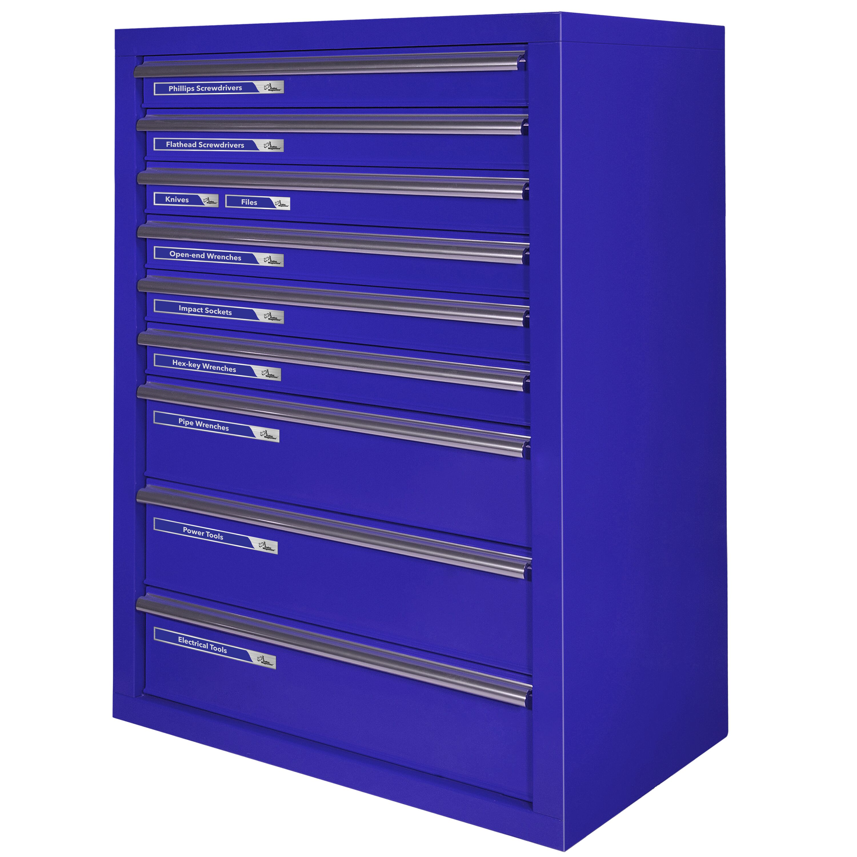 Juego de 48 etiquetas magnéticas para caja de herramientas en plateado satinado y azul - Accesorio magnético. Incluye 24 etiquetas magnéticas grandes y 24 etiquetas magnéticas pequeñas, además de dos en blanco para escribir. GMLB100