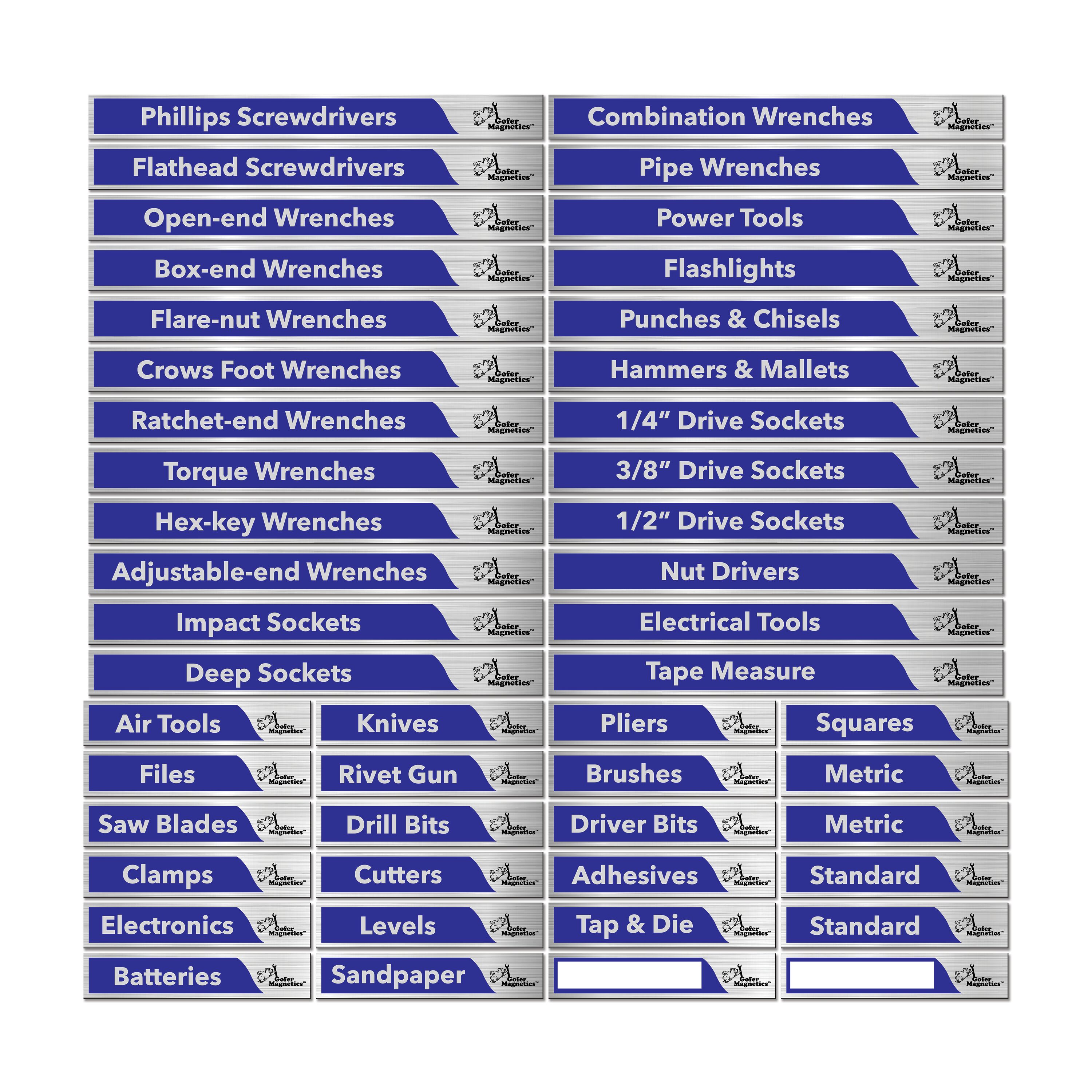 Juego de 48 etiquetas magnéticas para caja de herramientas en plateado satinado y azul - Accesorio magnético. Incluye 24 etiquetas magnéticas grandes y 24 etiquetas magnéticas pequeñas, además de dos en blanco para escribir. GMLB100