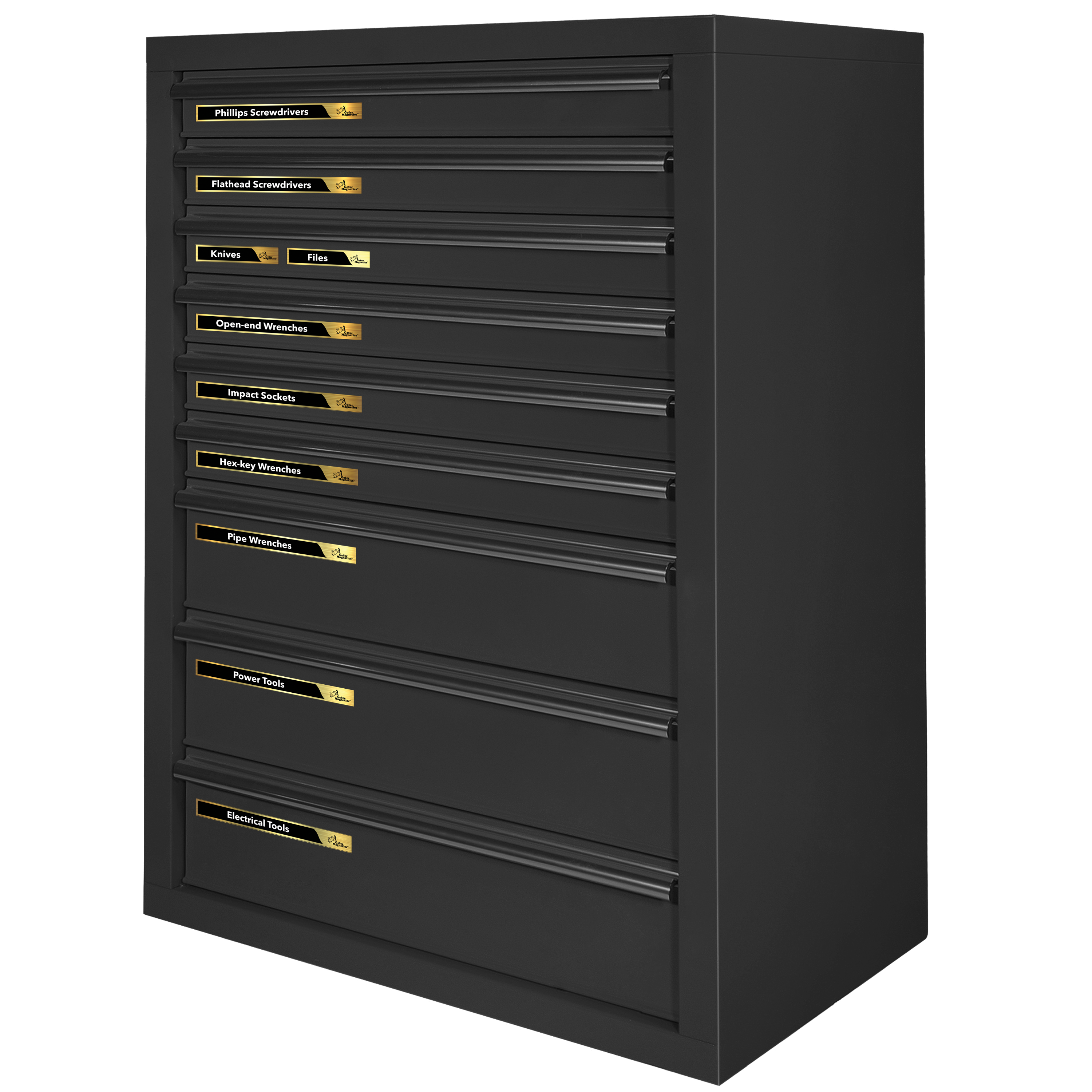 Conjunto de 48 Etiquetas Magnéticas para Caja de Herramientas en Dorado Cepillado y Negro - Accesorio Magnético - 24 etiquetas magnéticas grandes y 24 etiquetas magnéticas pequeñas, incluyendo dos en blanco para escribir GMLB101