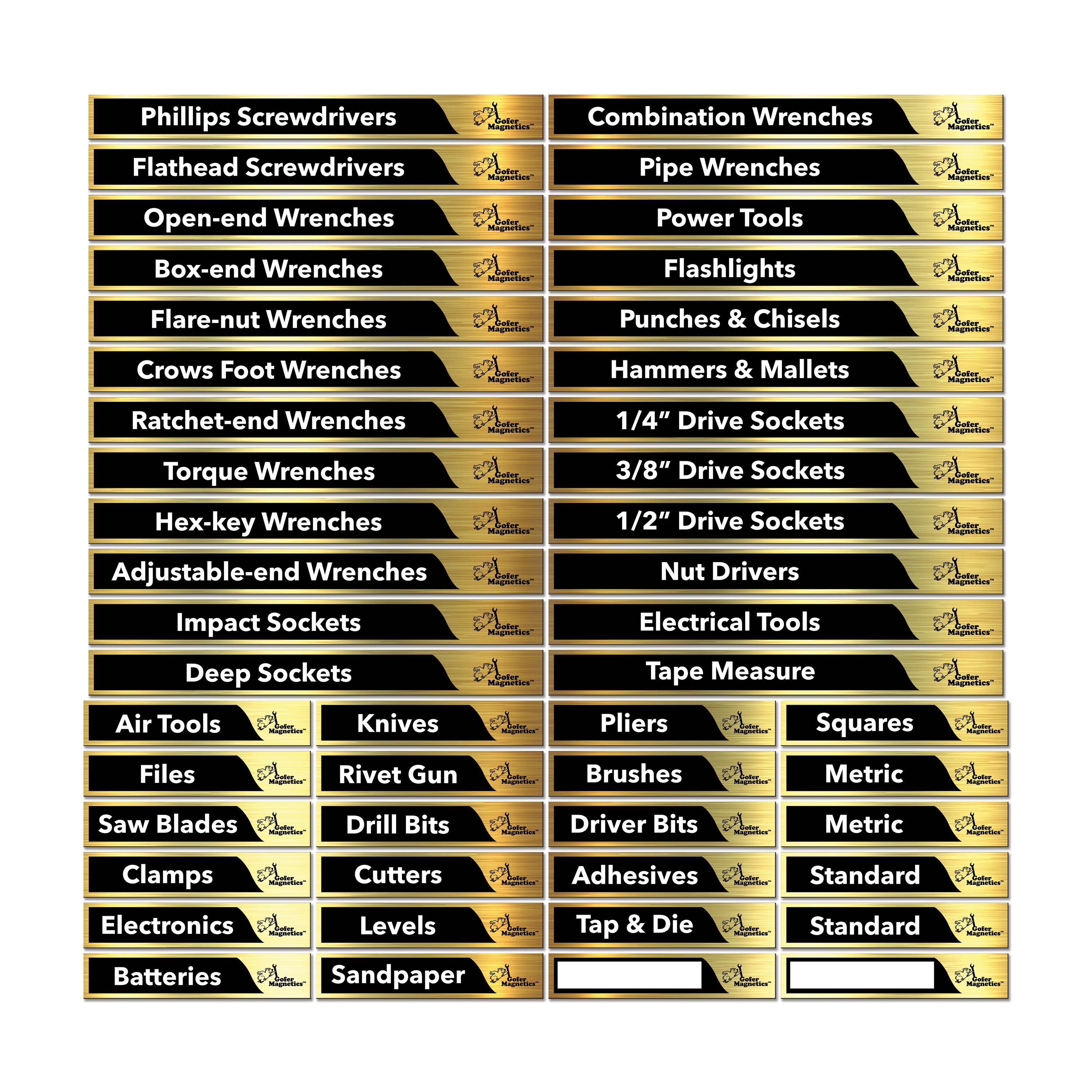 Conjunto de 48 Etiquetas Magnéticas para Caja de Herramientas en Dorado Cepillado y Negro - Accesorio Magnético - 24 etiquetas magnéticas grandes y 24 etiquetas magnéticas pequeñas, incluyendo dos en blanco para escribir GMLB101