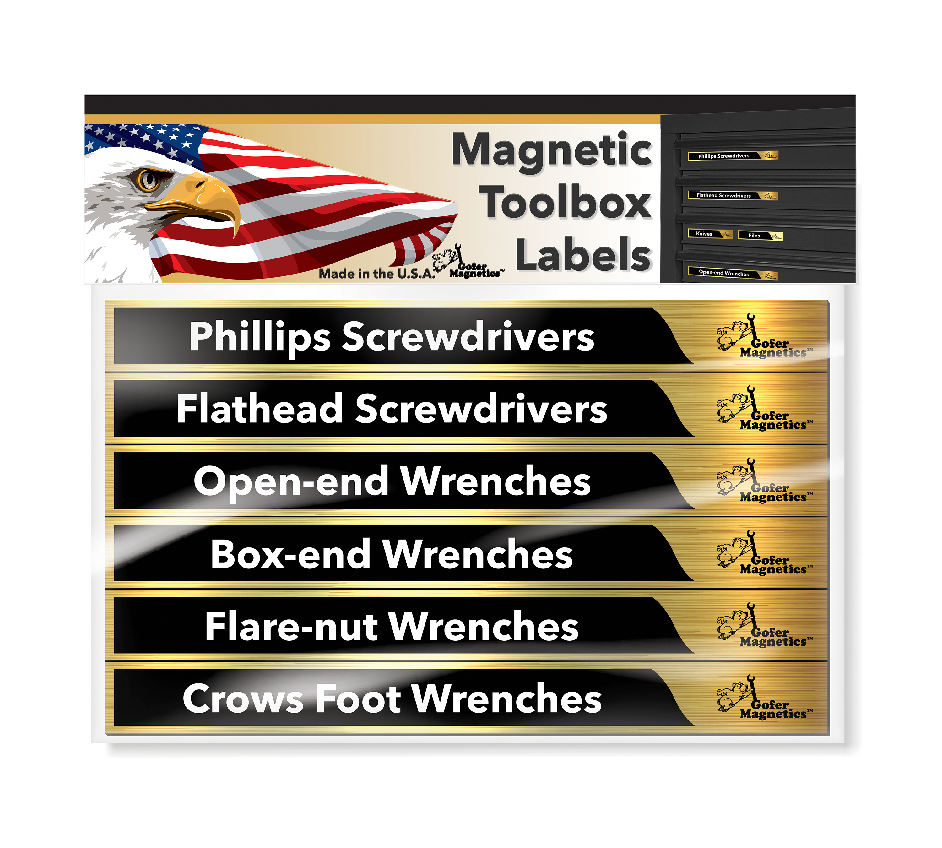 Conjunto de 48 Etiquetas Magnéticas para Caja de Herramientas en Dorado Cepillado y Negro - Accesorio Magnético - 24 etiquetas magnéticas grandes y 24 etiquetas magnéticas pequeñas, incluyendo dos en blanco para escribir GMLB101