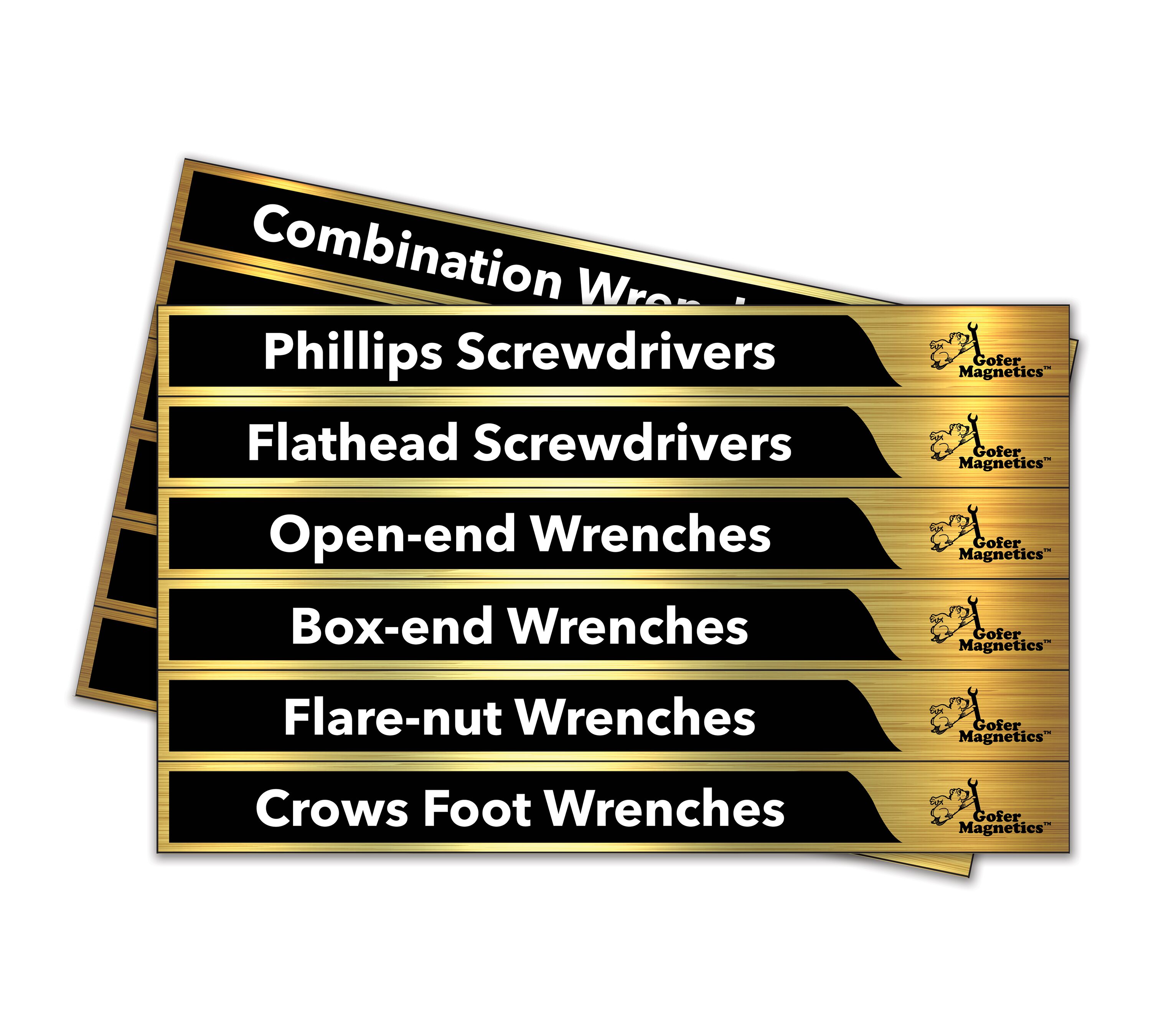 Conjunto de 48 Etiquetas Magnéticas para Caja de Herramientas en Dorado Cepillado y Negro - Accesorio Magnético - 24 etiquetas magnéticas grandes y 24 etiquetas magnéticas pequeñas, incluyendo dos en blanco para escribir GMLB101