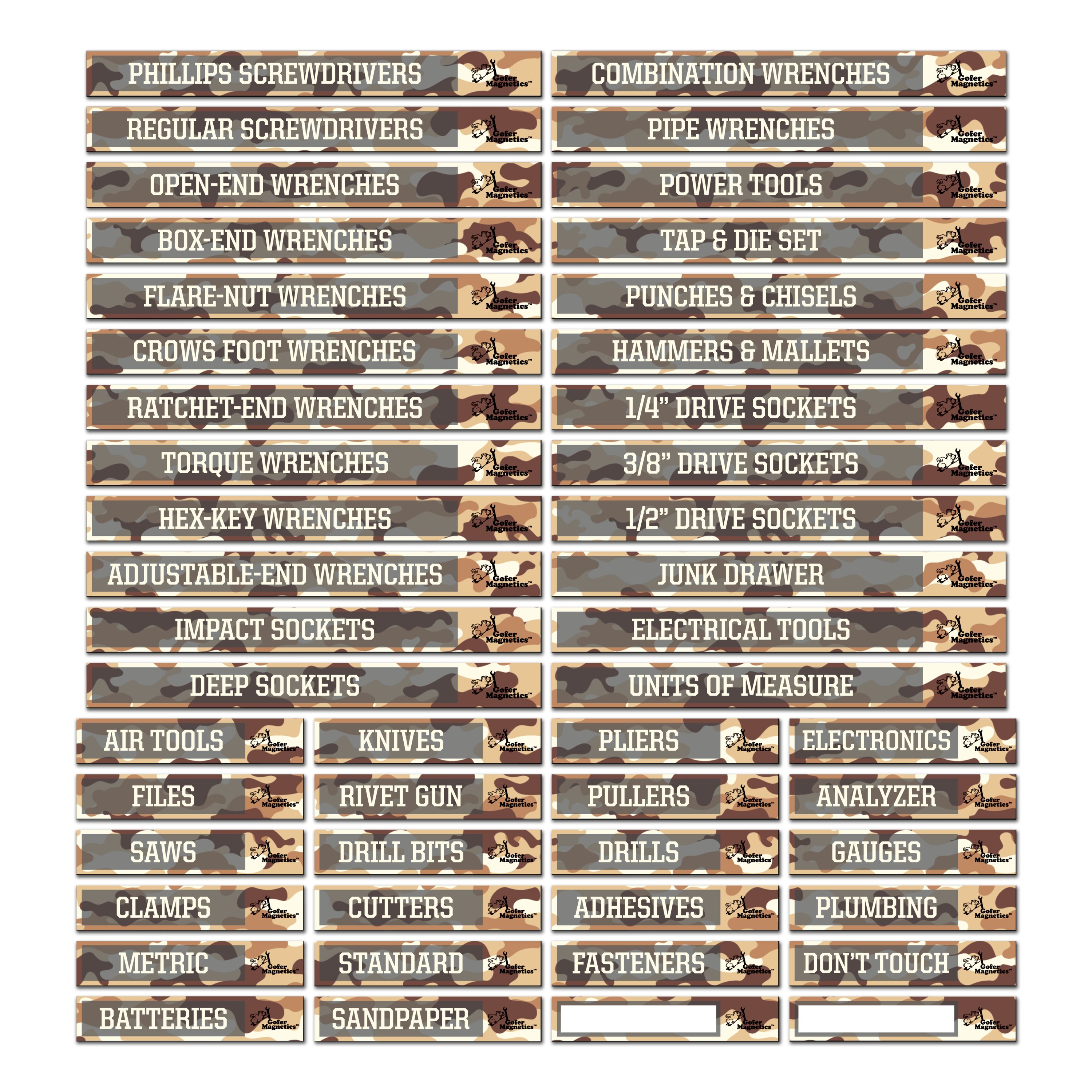 Juego de 48 etiquetas magnéticas en camuflaje café para vinilo magnético Gofer
Accesorio magnético que incluye 24 etiquetas magnéticas grandes y 24 pequeñas, incluyendo dos en blanco para escribir. GMLB103