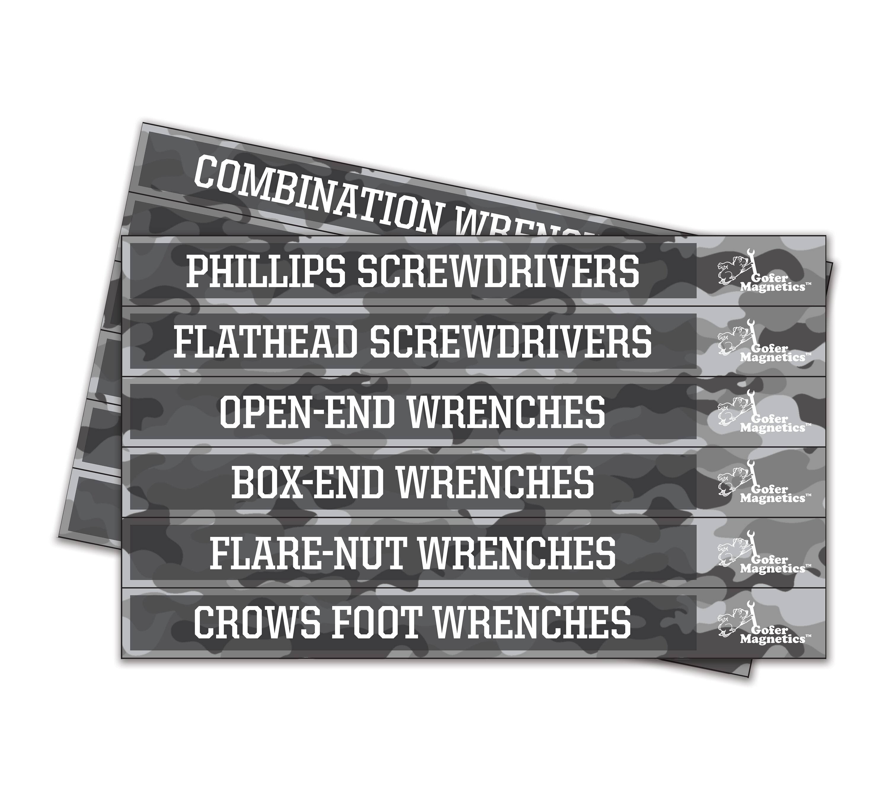 Conjunto de 48 etiquetas magnéticas de camuflaje gris para caja de herramientas Gofer Magnetics. Incluye 24 etiquetas magnéticas grandes y 24 etiquetas magnéticas pequeñas, con dos espacios en blanco para escribir. GMLB105