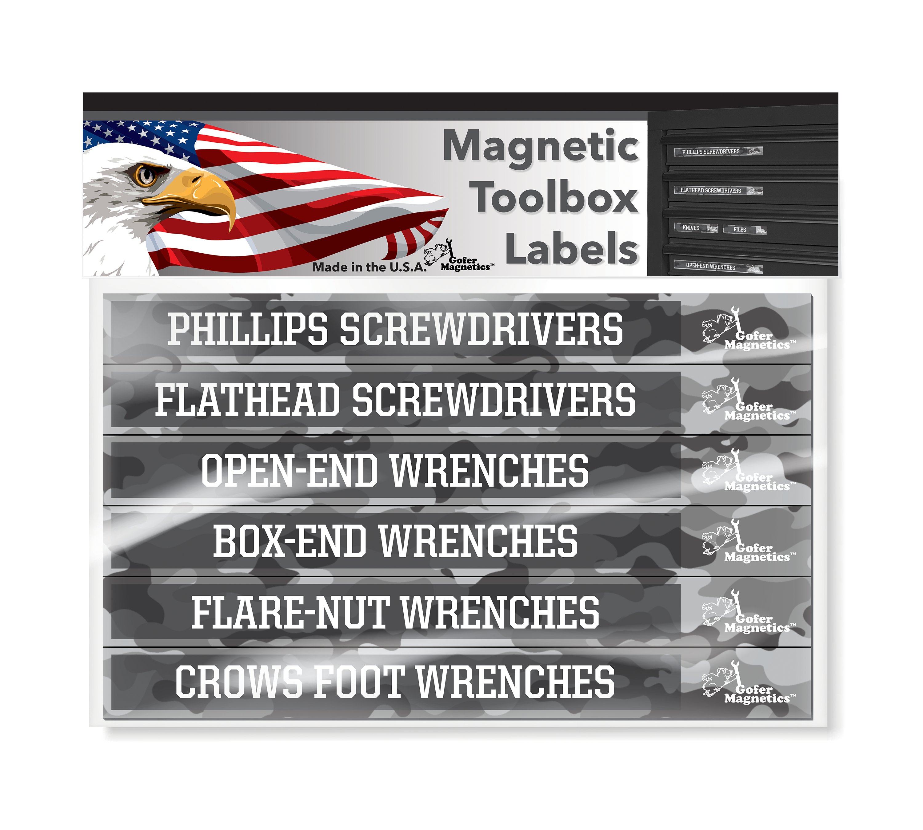 Conjunto de 48 etiquetas magnéticas de camuflaje gris para caja de herramientas Gofer Magnetics. Incluye 24 etiquetas magnéticas grandes y 24 etiquetas magnéticas pequeñas, con dos espacios en blanco para escribir. GMLB105