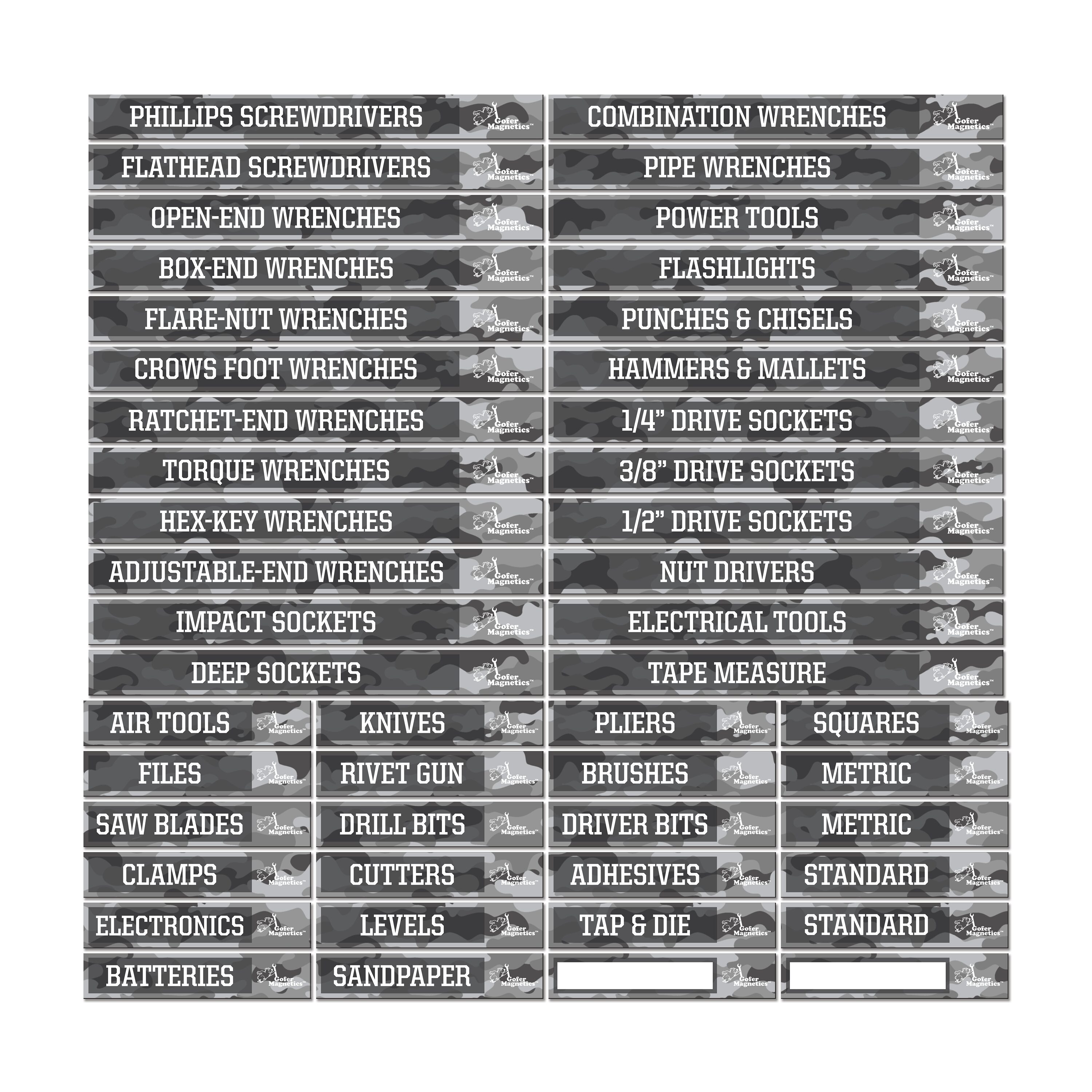 Conjunto de 48 etiquetas magnéticas de camuflaje gris para caja de herramientas Gofer Magnetics. Incluye 24 etiquetas magnéticas grandes y 24 etiquetas magnéticas pequeñas, con dos espacios en blanco para escribir. GMLB105