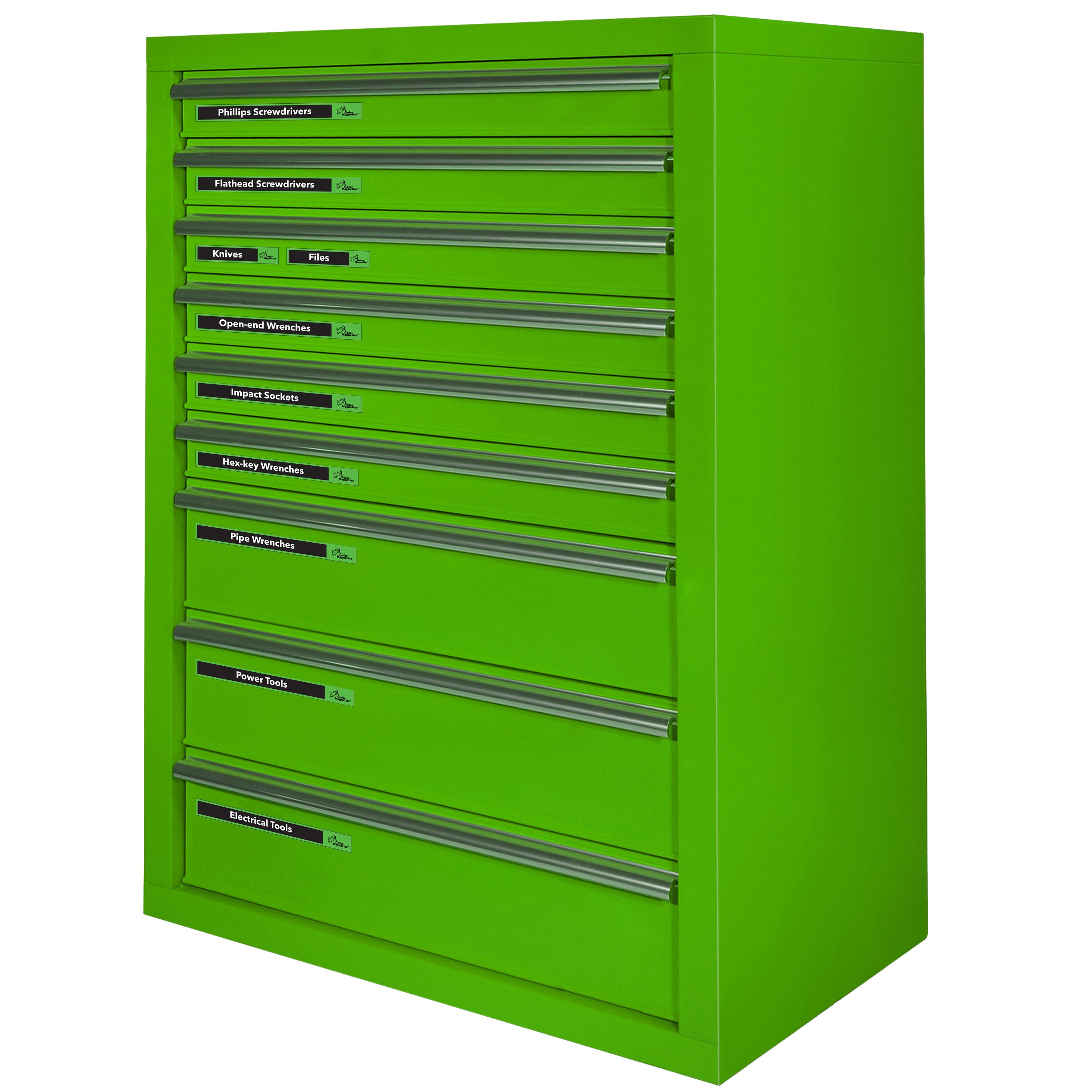 Juego de 48 etiquetas magnéticas en verde brillante y negro para caja de herramientas. Incluye 24 etiquetas magnéticas grandes y 24 etiquetas magnéticas pequeñas, además de dos en blanco para escribir.