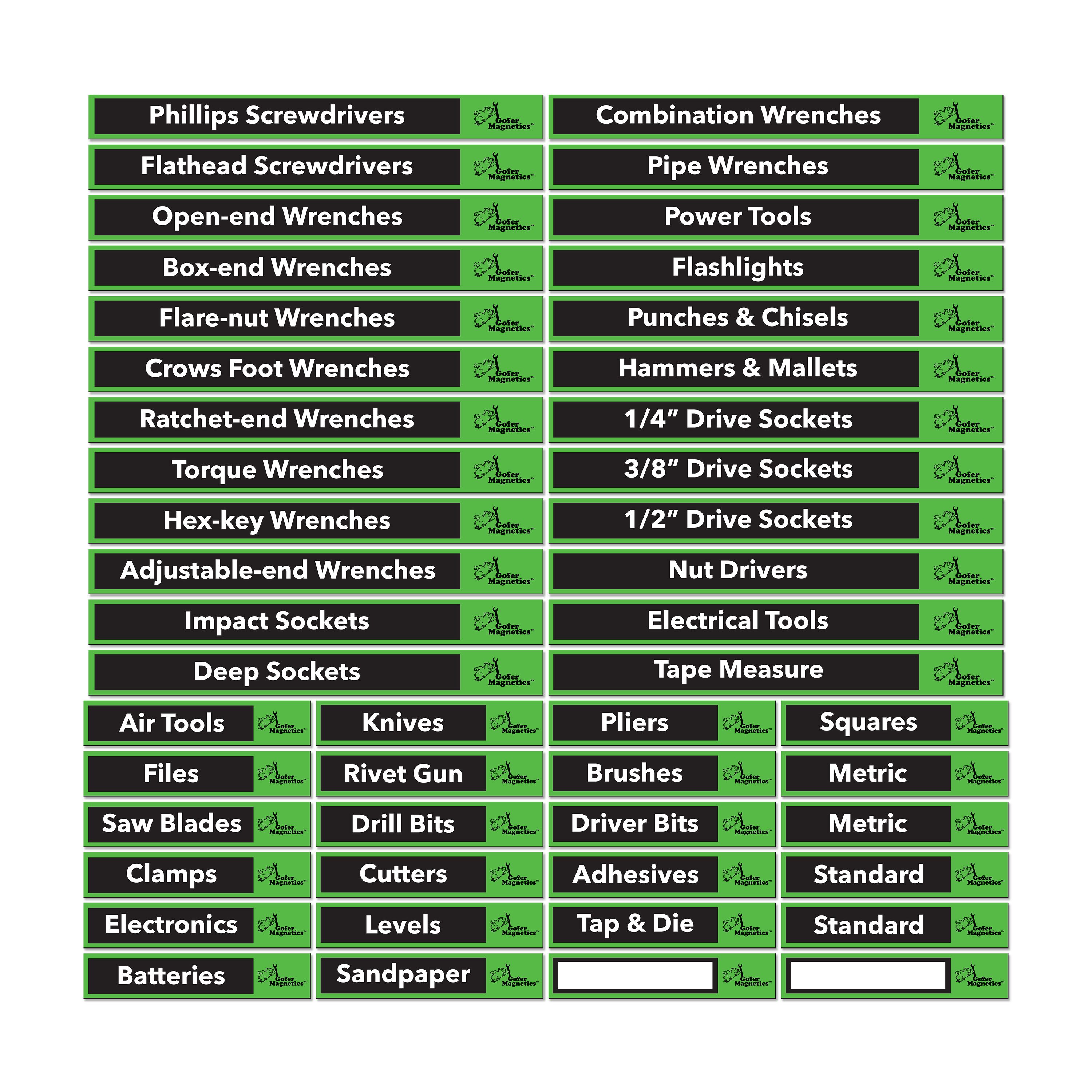 Juego de 48 etiquetas magnéticas en verde brillante y negro para caja de herramientas. Incluye 24 etiquetas magnéticas grandes y 24 etiquetas magnéticas pequeñas, además de dos en blanco para escribir.