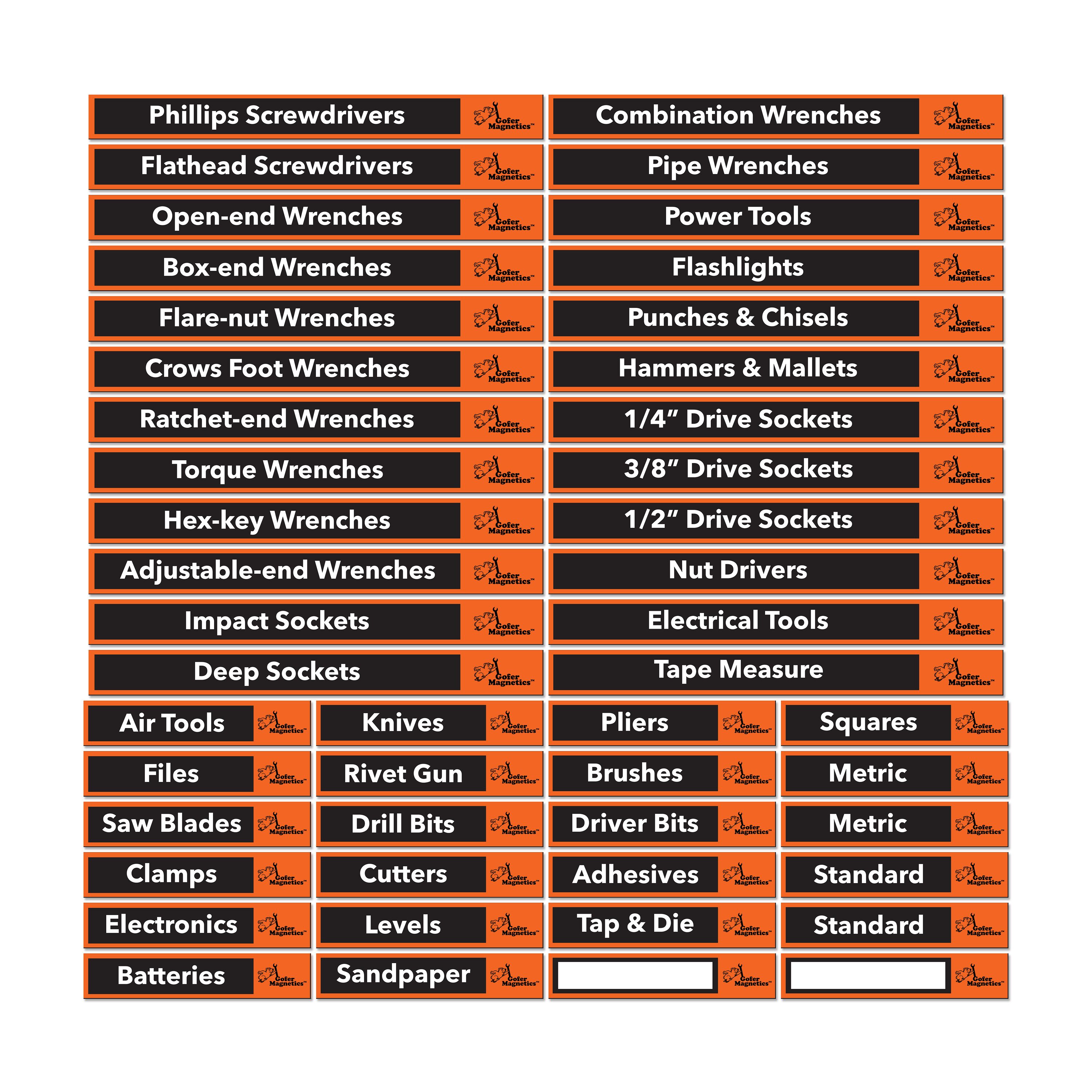 Juego de 48 etiquetas magnéticas naranjas y negras para caja de herramientas - Accesorios magnéticos. Incluye 24 etiquetas magnéticas grandes, 24 etiquetas magnéticas pequeñas y dos en blanco para escribir GMLB109.