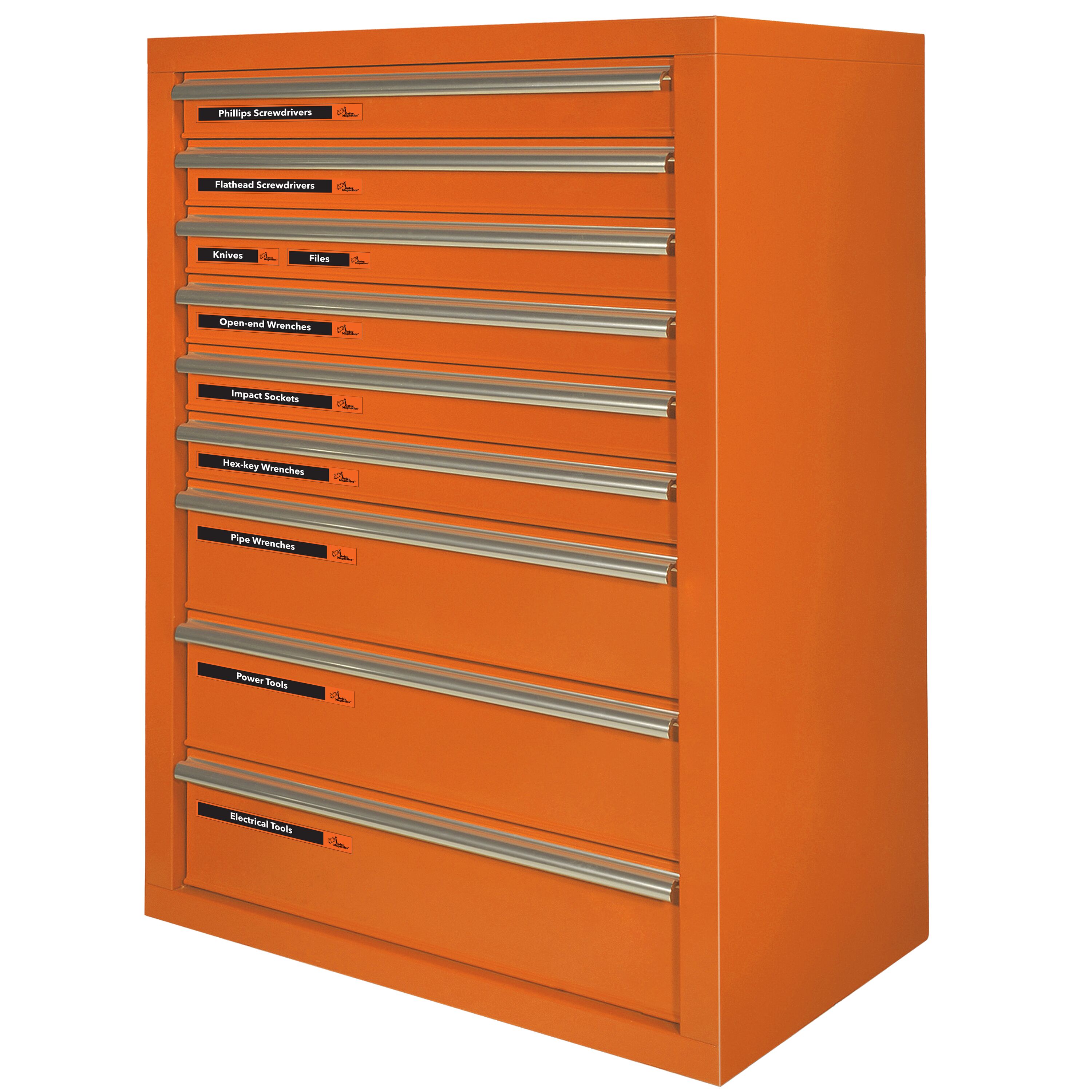 Juego de 48 etiquetas magnéticas naranjas y negras para caja de herramientas - Accesorios magnéticos. Incluye 24 etiquetas magnéticas grandes, 24 etiquetas magnéticas pequeñas y dos en blanco para escribir GMLB109.