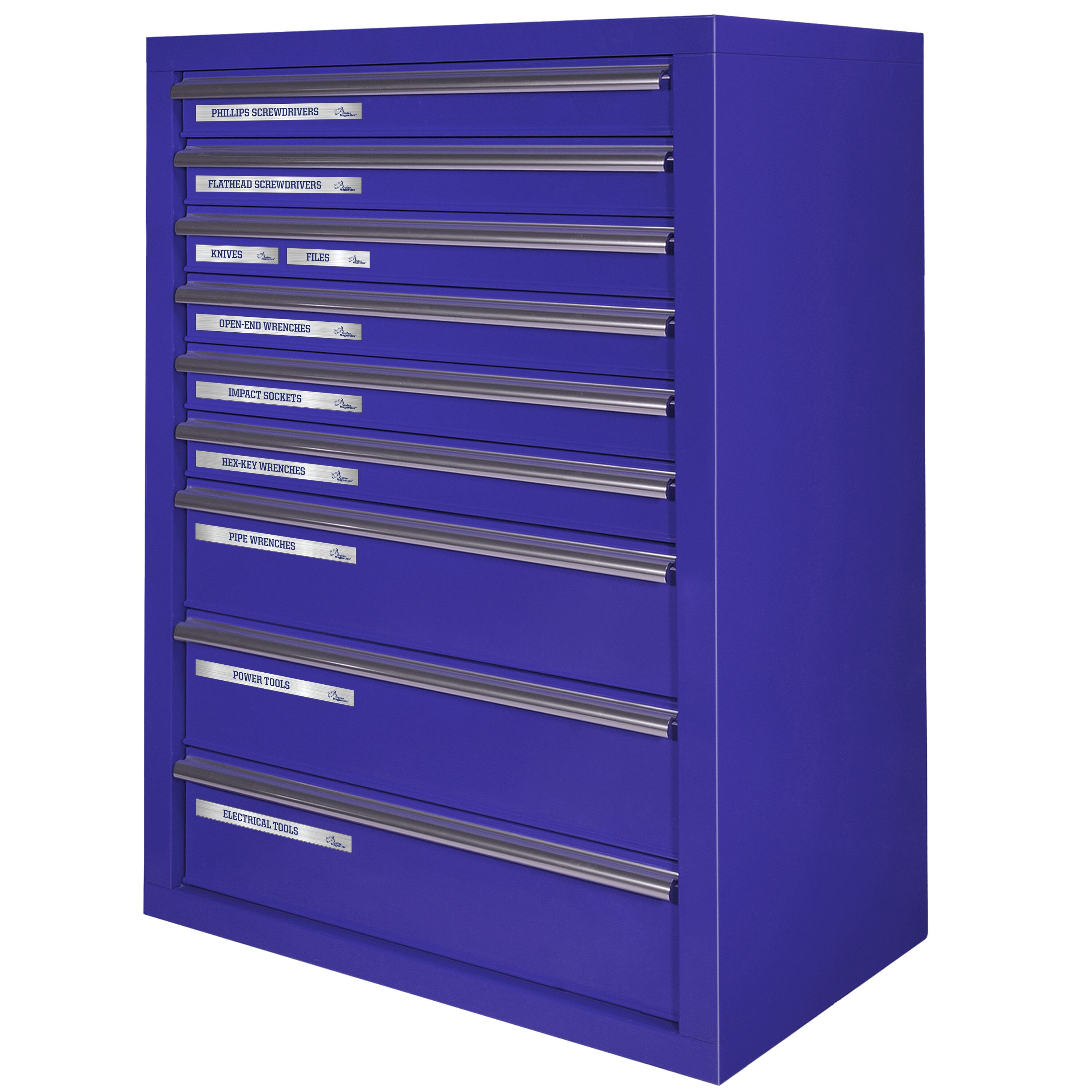 Set de 48 Etiquetas Magnéticas Azules Lisas sobre Plata Cepillada para Caja de Herramientas Magnéticas, Incluye 24 Etiquetas Magnéticas Grandes y 24 Etiquetas Magnéticas Pequeñas, Incluyendo Dos en Blanco para Escribir GMLB111