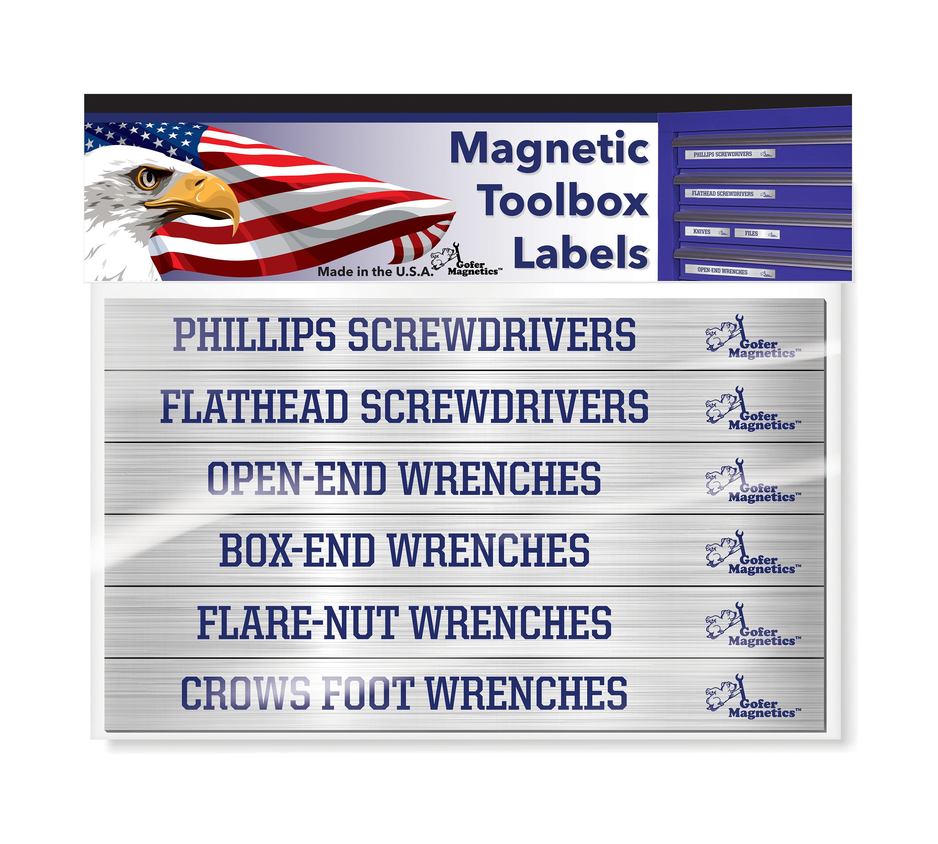 Set de 48 Etiquetas Magnéticas Azules Lisas sobre Plata Cepillada para Caja de Herramientas Magnéticas, Incluye 24 Etiquetas Magnéticas Grandes y 24 Etiquetas Magnéticas Pequeñas, Incluyendo Dos en Blanco para Escribir GMLB111