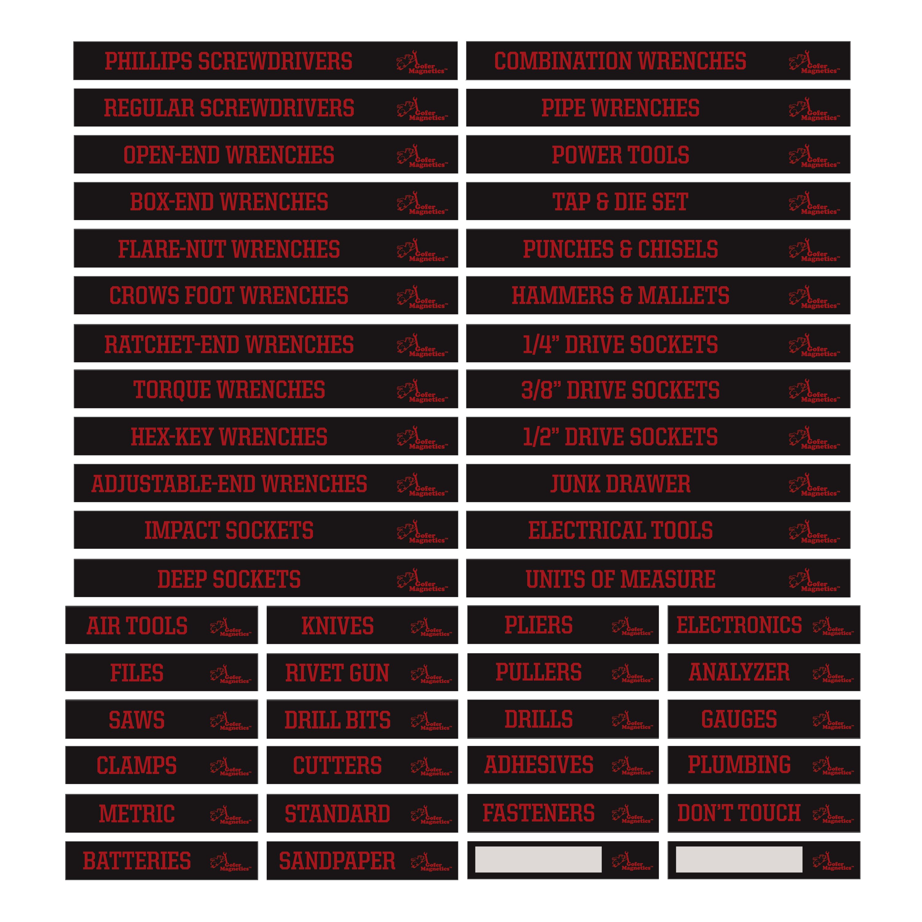 Kit de 48 piezas de vinilo magnético liso rojo sobre negro de Gofer Magnetics. Accesorio magnético que incluye 24 etiquetas magnéticas grandes y 24 etiquetas magnéticas pequeñas, incluyendo dos en blanco para escribir. GMLB110