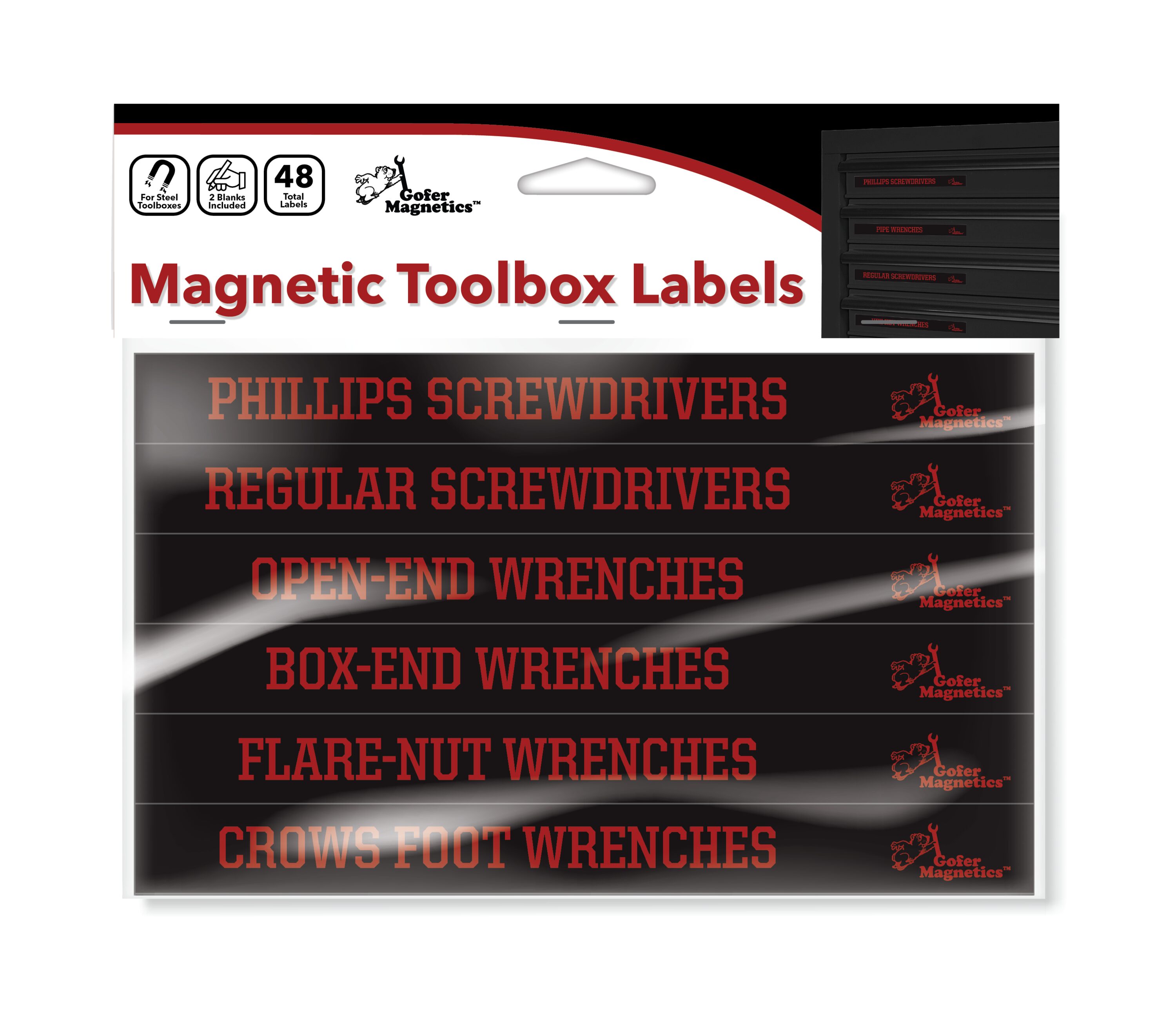 Kit de 48 piezas de vinilo magnético liso rojo sobre negro de Gofer Magnetics. Accesorio magnético que incluye 24 etiquetas magnéticas grandes y 24 etiquetas magnéticas pequeñas, incluyendo dos en blanco para escribir. GMLB110