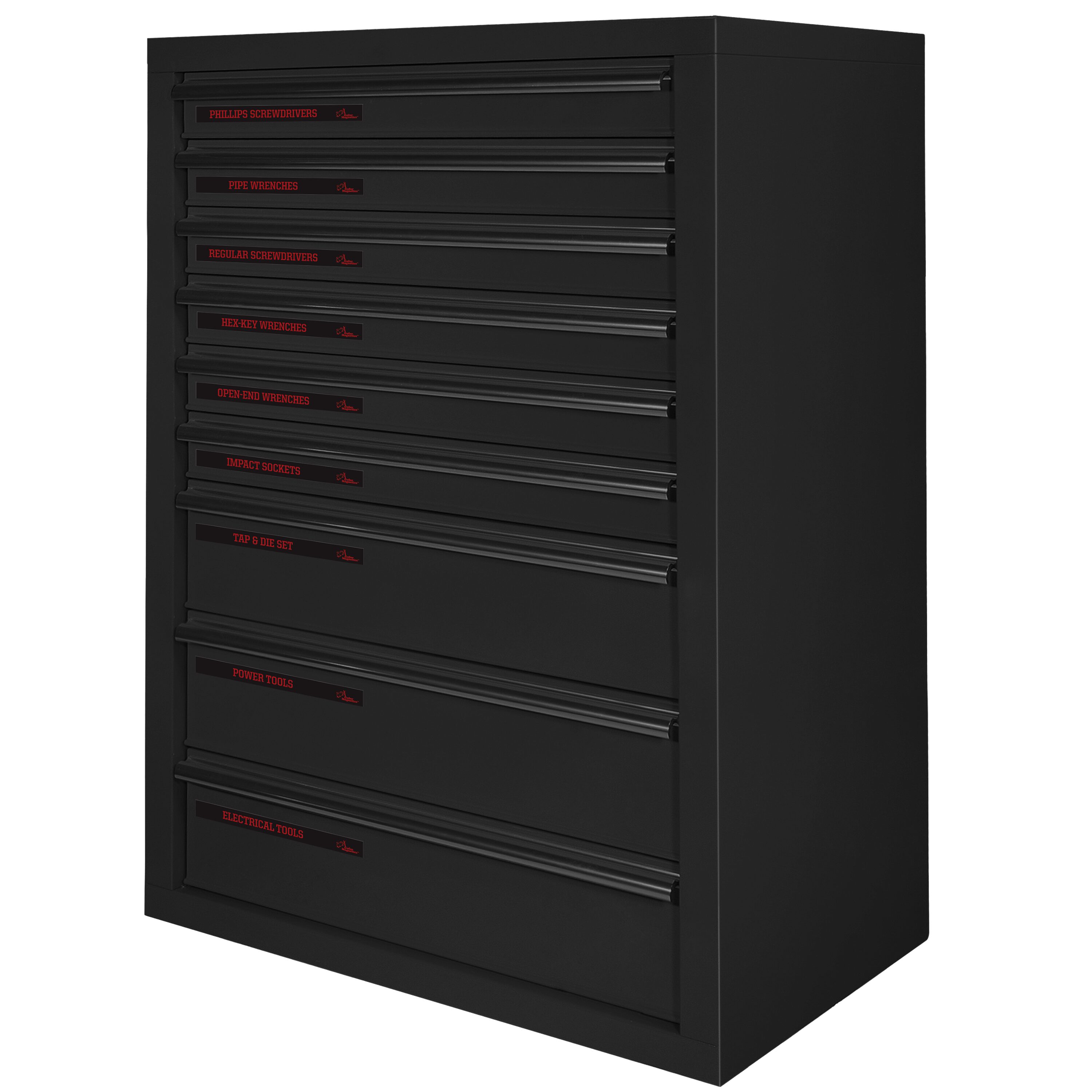 Kit de 48 piezas de vinilo magnético liso rojo sobre negro de Gofer Magnetics. Accesorio magnético que incluye 24 etiquetas magnéticas grandes y 24 etiquetas magnéticas pequeñas, incluyendo dos en blanco para escribir. GMLB110