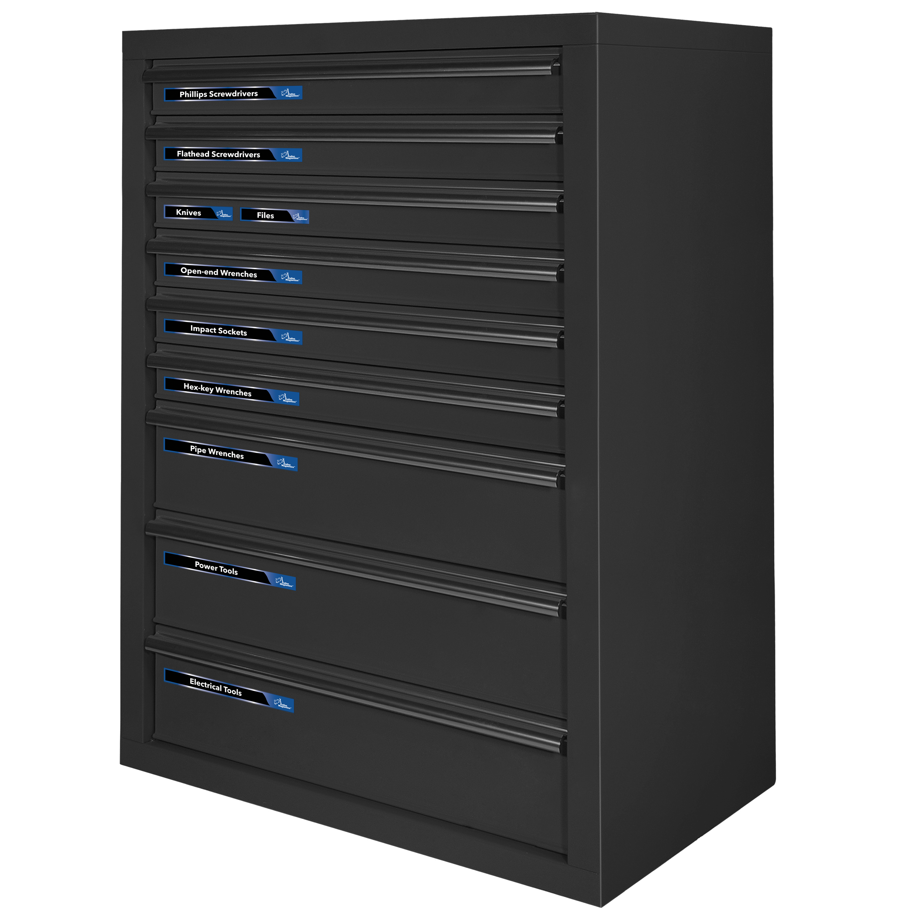Conjunto de 48 etiquetas magnéticas azules y negras para caja de herramientas Gofer. Accesorio magnético que incluye 24 etiquetas magnéticas grandes y 24 etiquetas magnéticas pequeñas, incluyendo dos en blanco para escribir.