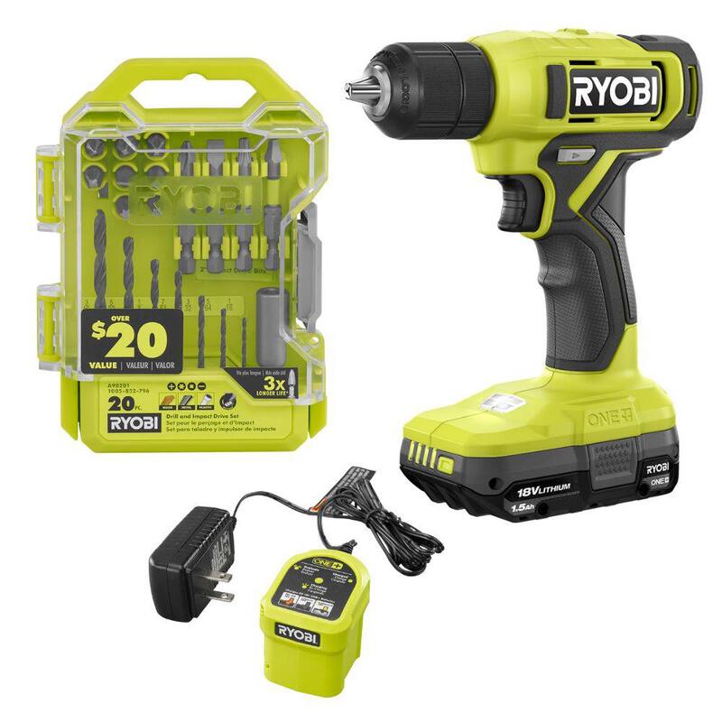 Juego de taladro/controlador RYOBI ONE+ inalámbrico de 18V 3/8 in con batería Ah de 1.5, cargador y juego de taladro e impacto (20 piezas) - PCL201K1-A98201