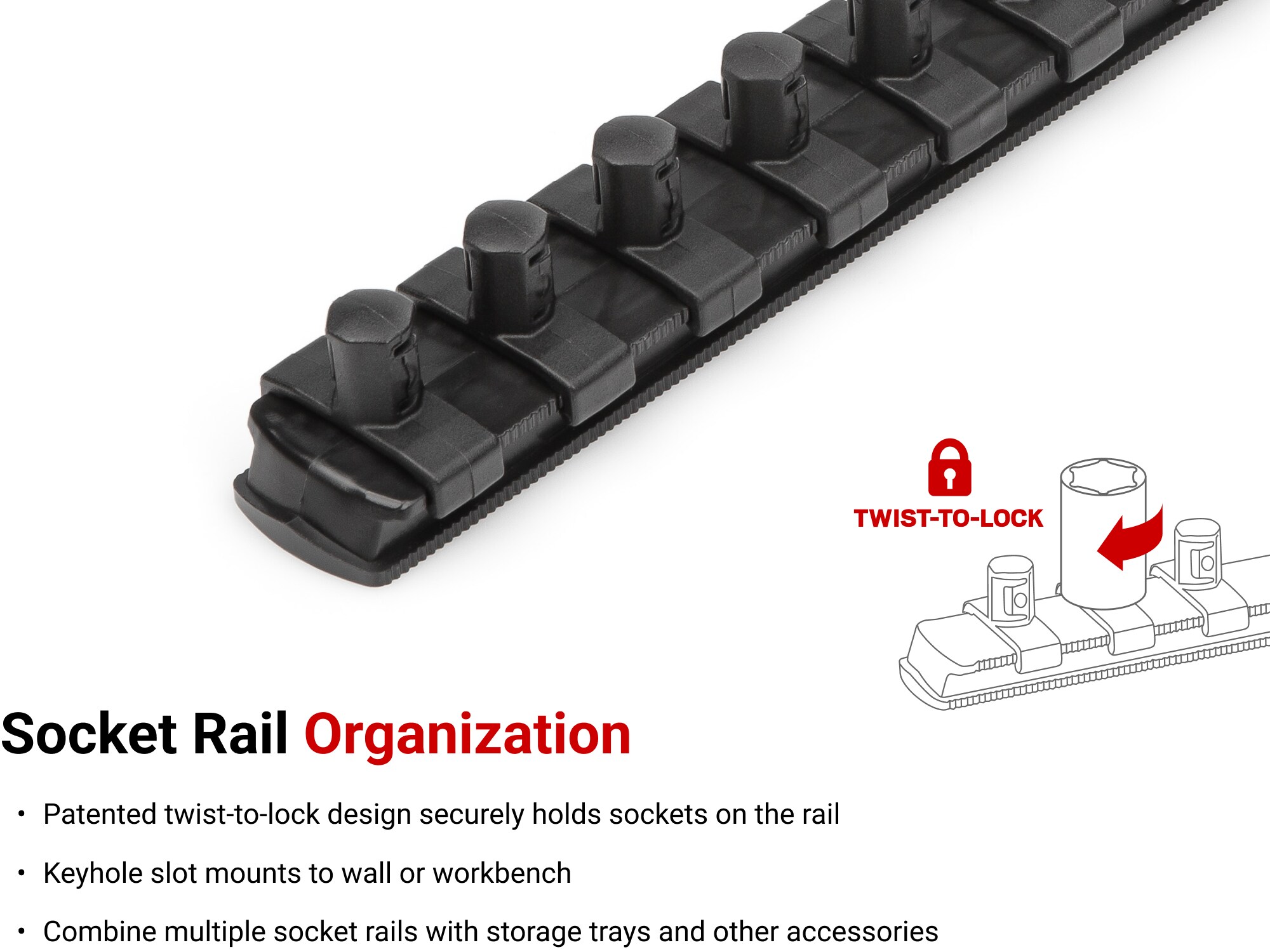 Almacenamiento de sockets de plástico TEKTON - Rieles de 3/8 pulgadas x 13 pulgadas con 30 clips OST12230