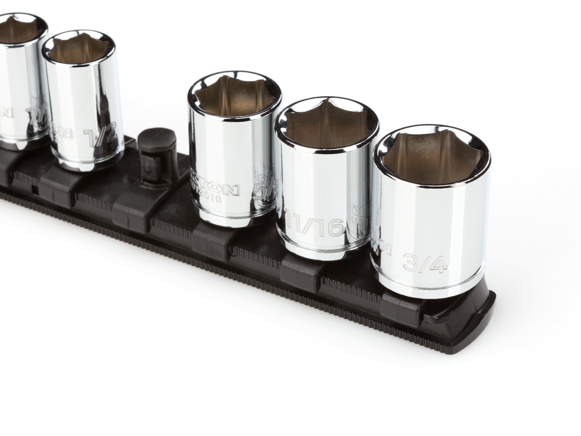 Almacenamiento de llaves de vaso de plástico TEKTON - Riel para llaves de 3/8 pulgadas x 13 pulgadas con 15 clips OSR12215