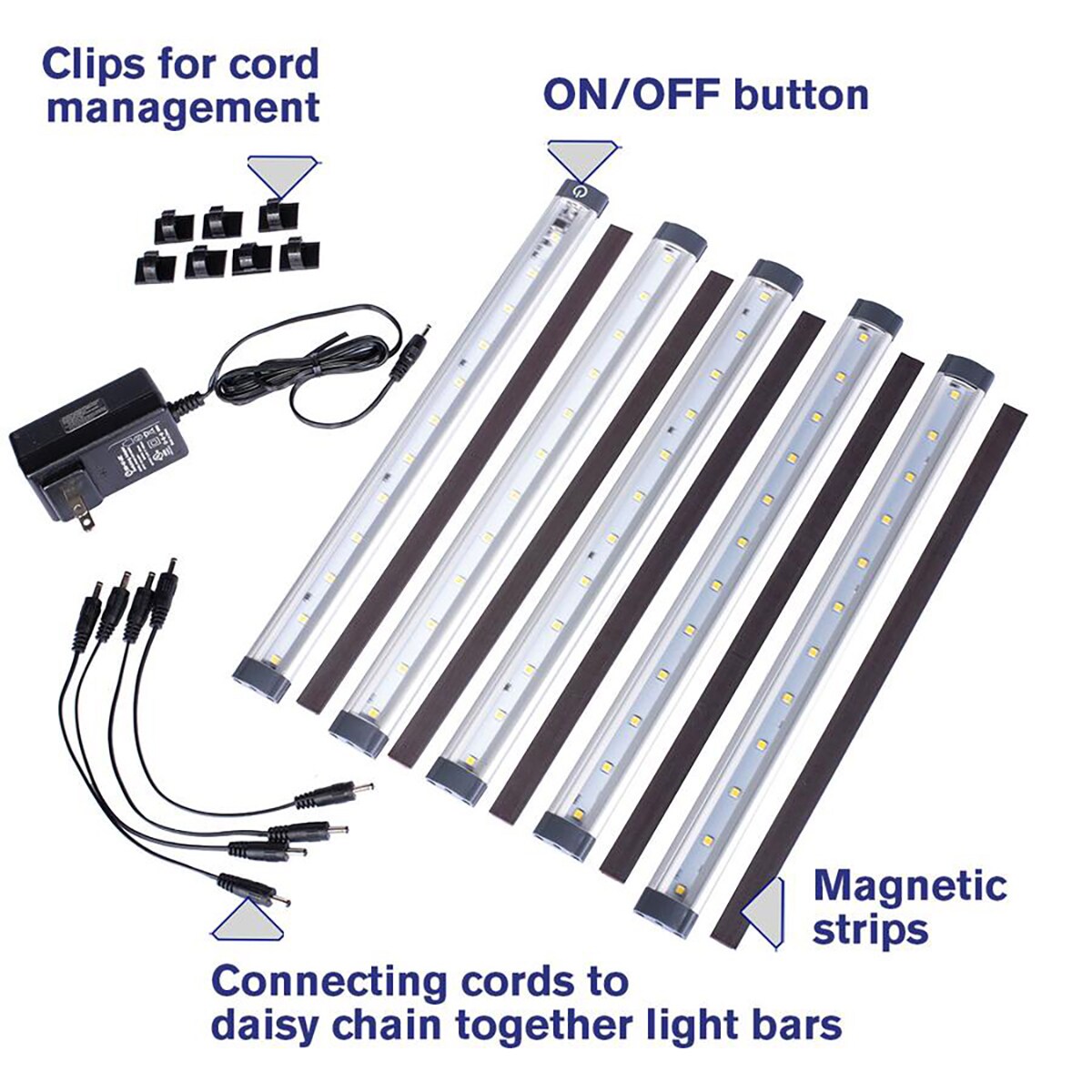 Tiras Magnéticas Montezuma Accesorio magnético Barras LED de 12 pulgadas duraderas, 4 cables de conexión, 5 tiras magnéticas, 7 clips para el manejo de cables y adaptador de corriente MLA-5