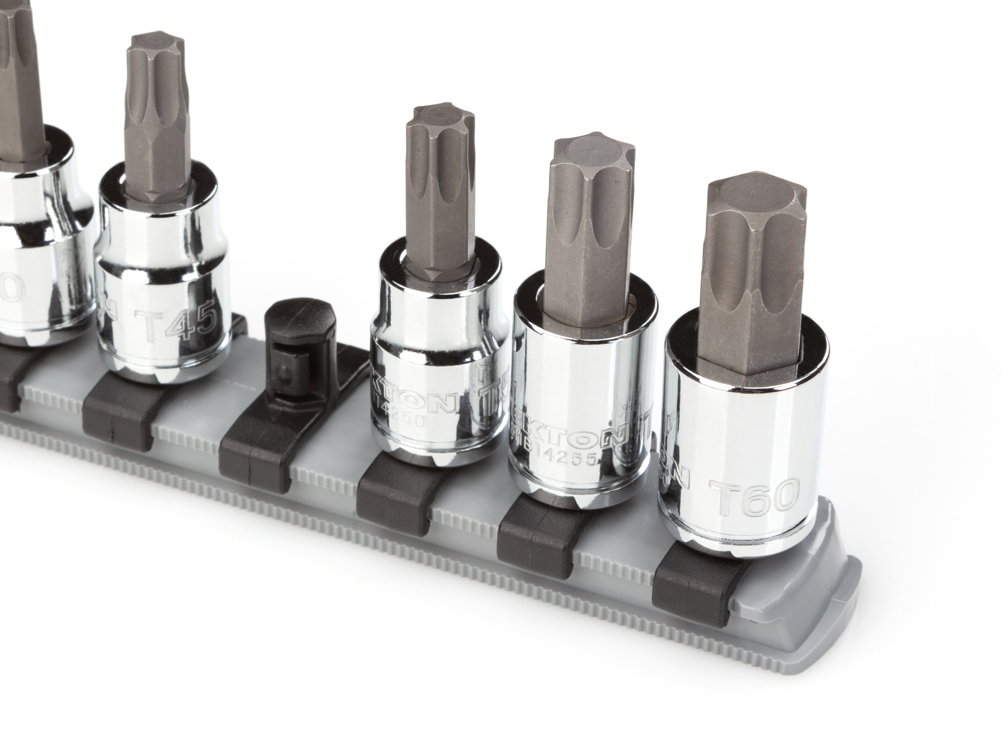 Almacenamiento de enchufes de plástico TEKTON - Riel de enchufes de 3/8 pulgadas x 13 pulgadas con 15 clips OSR12315
