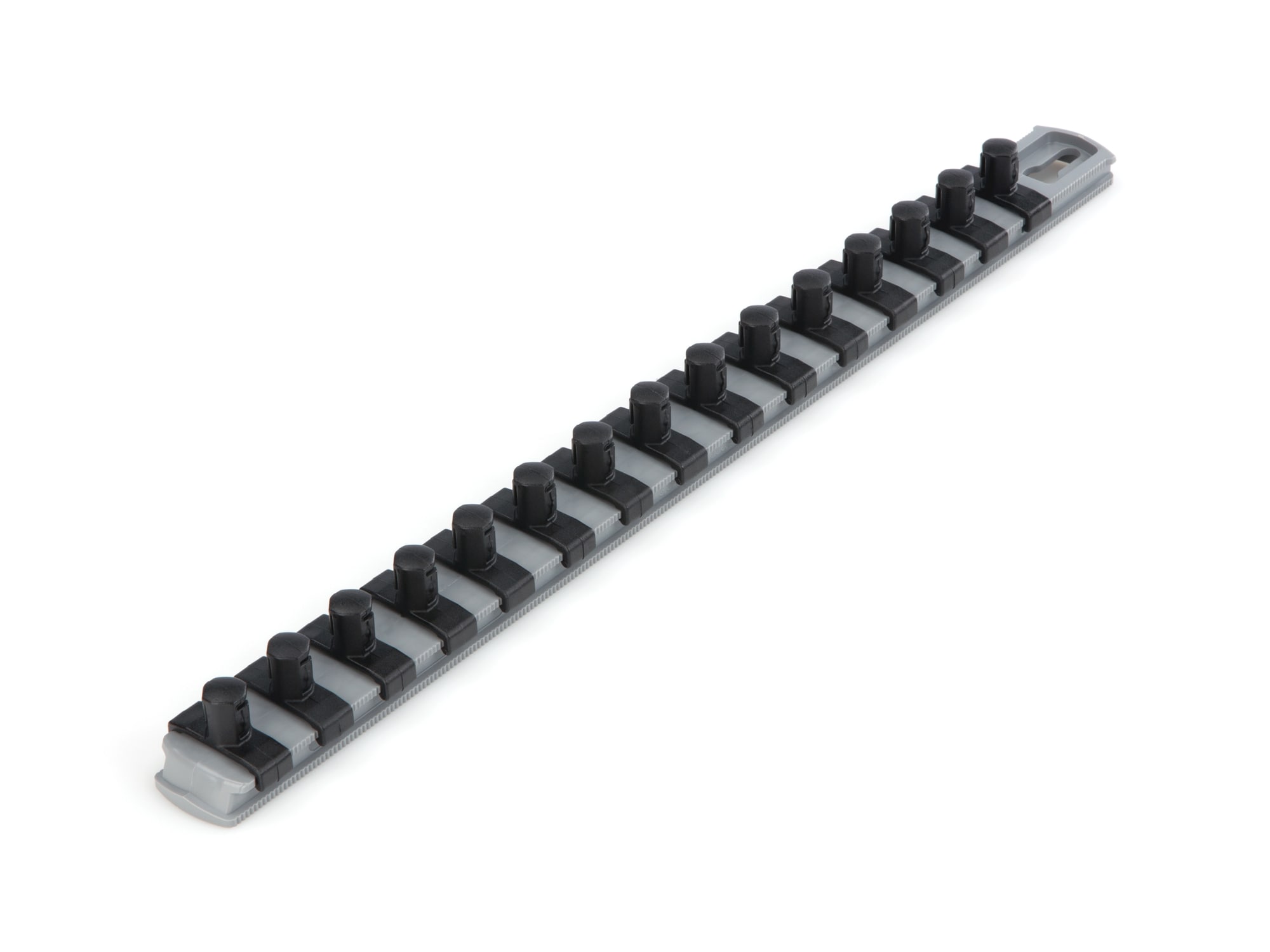 Almacenamiento de enchufes de plástico TEKTON - Riel de enchufes de 3/8 pulgadas x 13 pulgadas con 15 clips OSR12315