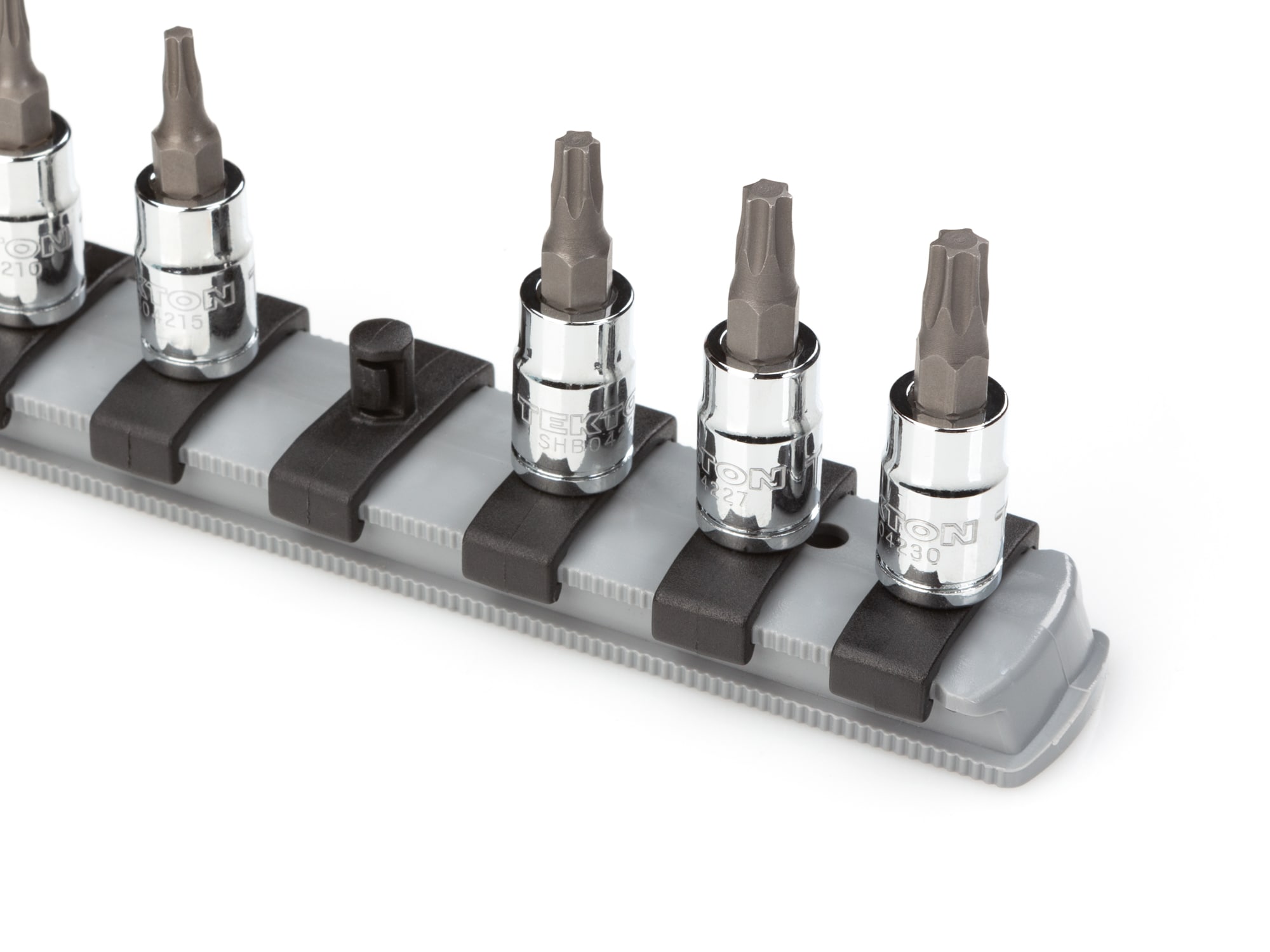 Almacenamiento de llaves de vaso de plástico TEKTON - Riel de llaves de 1/4 de pulgada por 13 pulgadas con 15 clips OSR02315