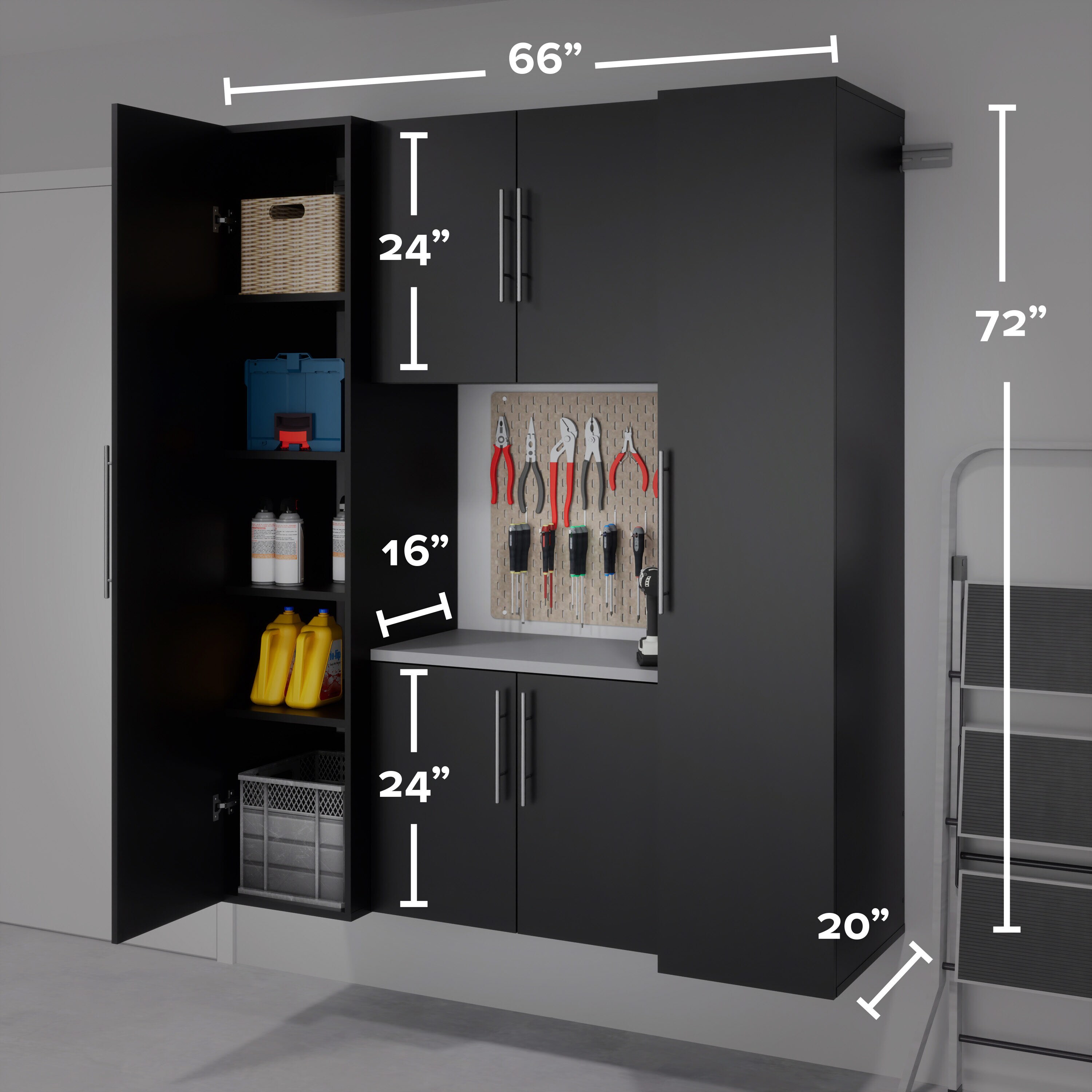 Sistema de almacenamiento para garaje Prepac HangUps negro de madera compuesta de 66 pulgadas de ancho por 72 pulgadas de alto por 20 pulgadas de profundidad con 4 gabinetes BRGW-0711-4M