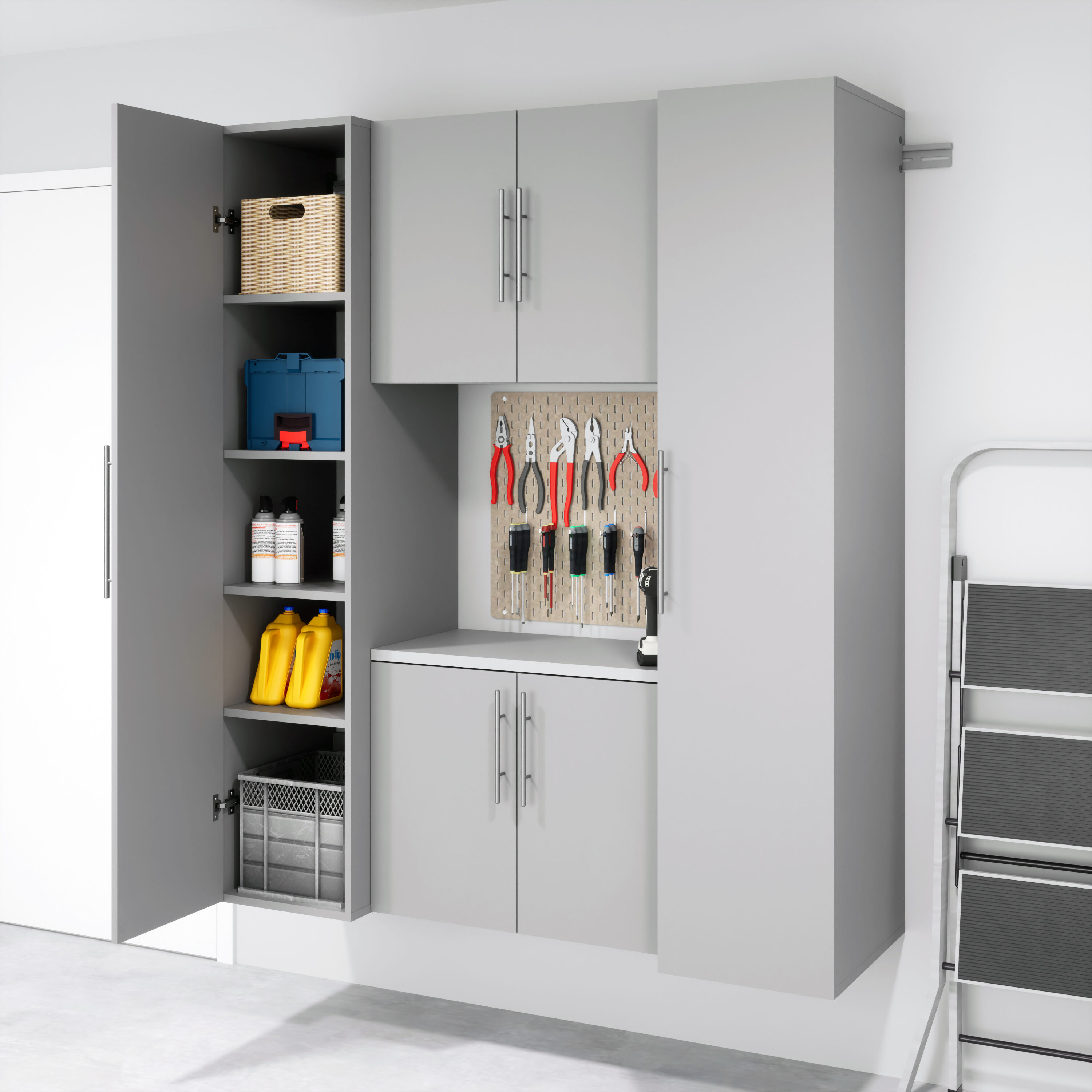 Sistema de almacenamiento para garaje en color gris claro de madera compuesta con 4 gabinetes de 66 pulgadas de ancho x 72 pulgadas de alto x 20 pulgadas de profundidad Prepac GRGW-0711-4M