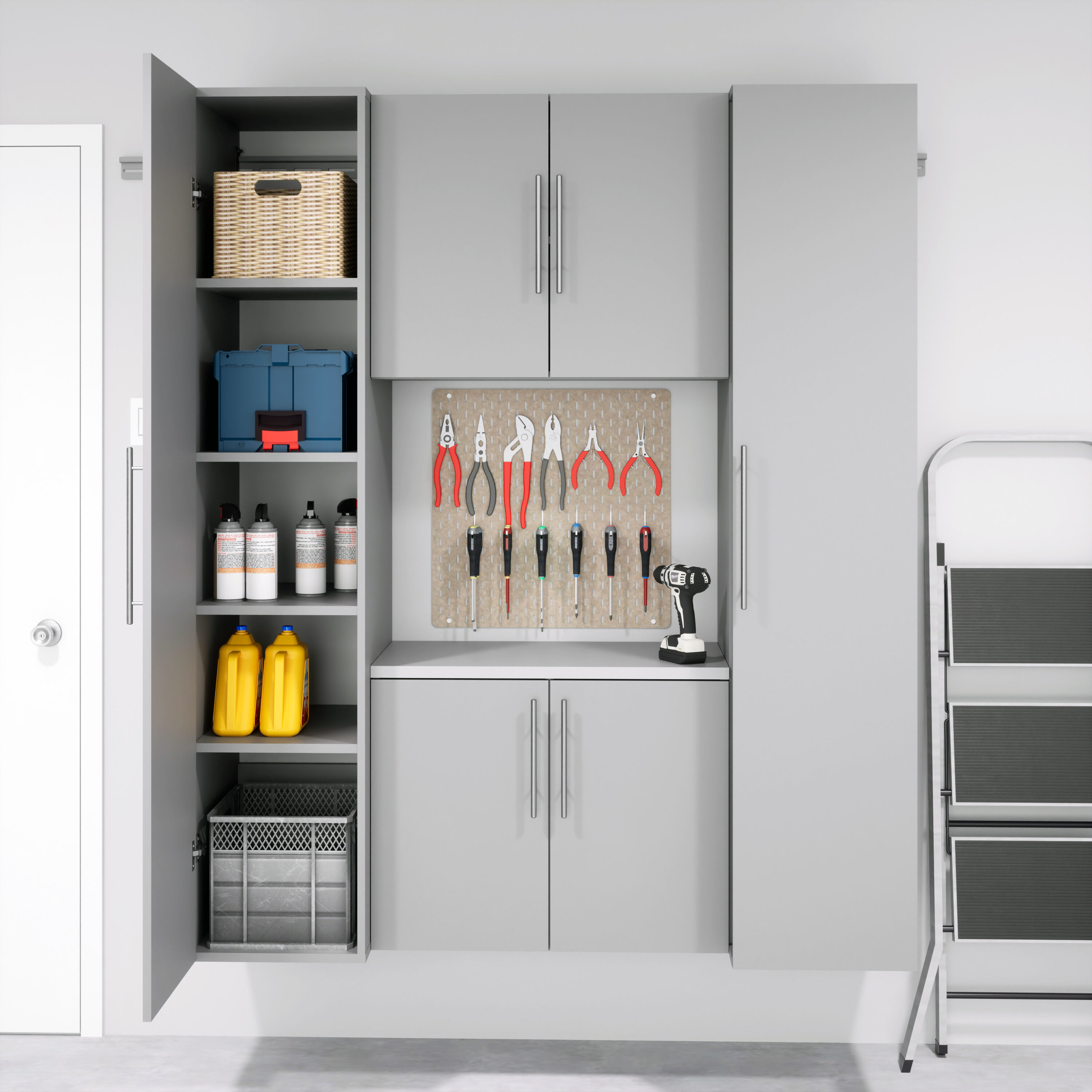 Sistema de almacenamiento para garaje en color gris claro de madera compuesta con 4 gabinetes de 66 pulgadas de ancho x 72 pulgadas de alto x 20 pulgadas de profundidad Prepac GRGW-0711-4M