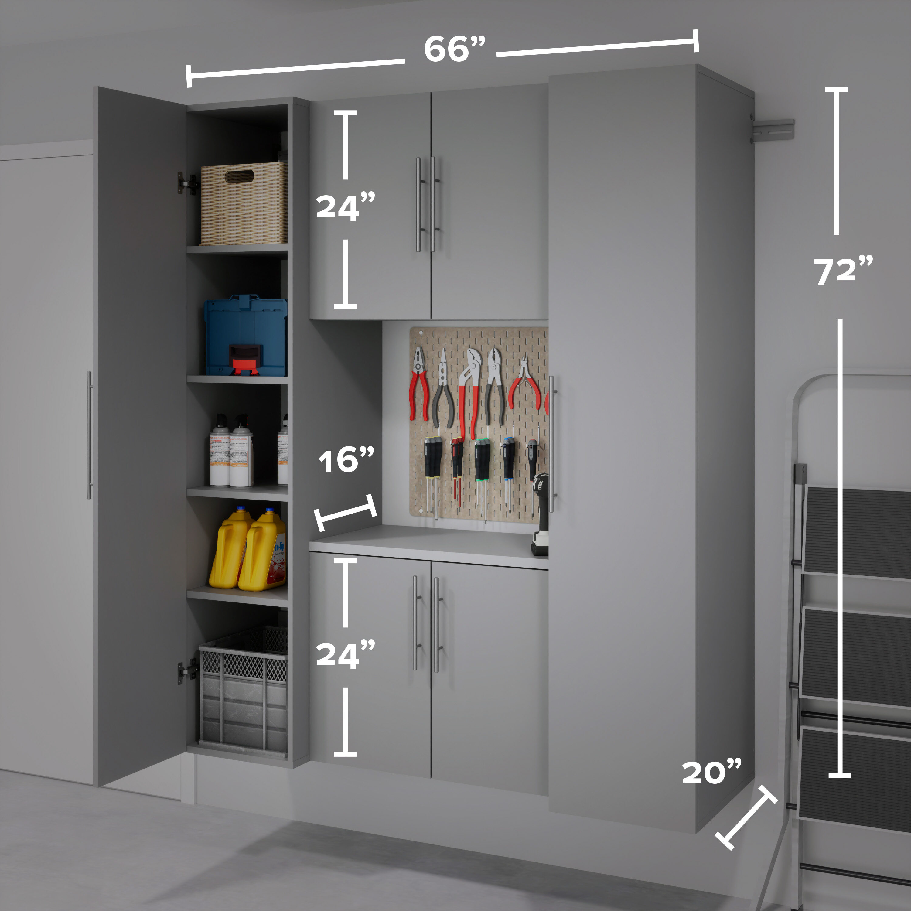 Sistema de almacenamiento para garaje en color gris claro de madera compuesta con 4 gabinetes de 66 pulgadas de ancho x 72 pulgadas de alto x 20 pulgadas de profundidad Prepac GRGW-0711-4M