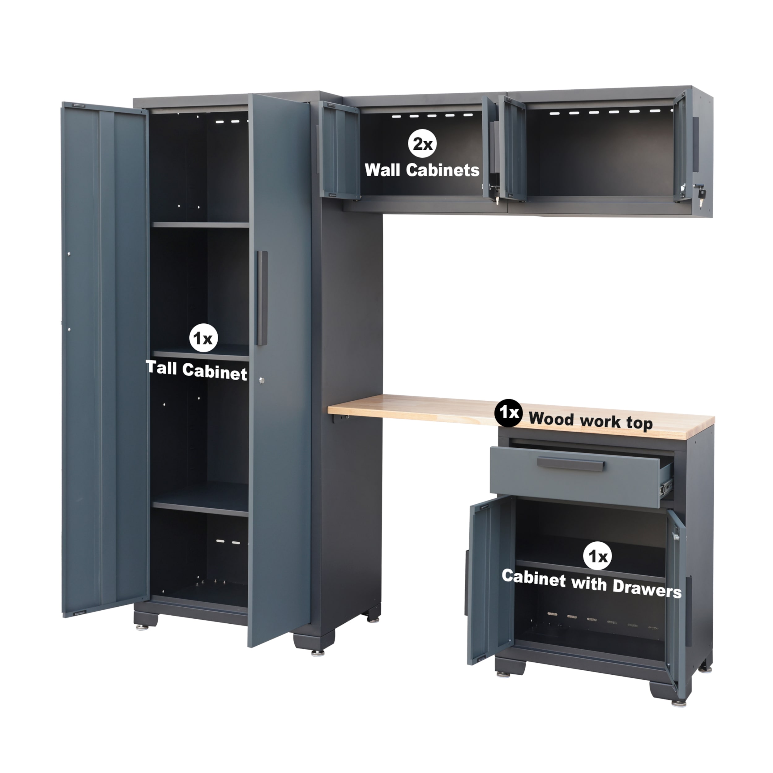 Sistema de almacenamiento para garaje ROAD DAWG 76.8 pulgadas de ancho x 75.98 pulgadas de alto x 18.6 pulgadas de profundidad con 5 gabinetes en acero gris (GSC005PCL)