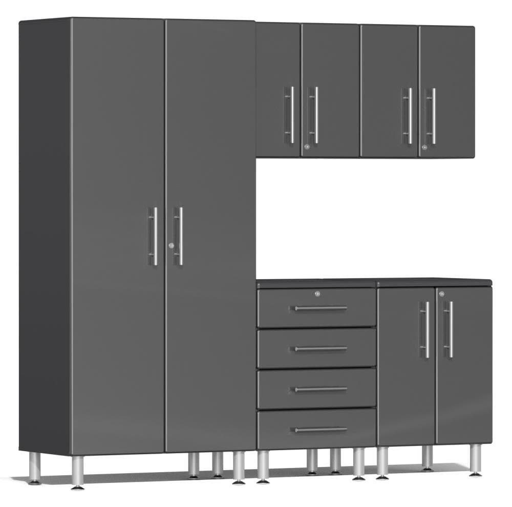 Sistema de almacenamiento para garaje Ulti-MATE 82.7 pulgadas de ancho x 80 pulgadas de alto x 21 pulgadas de profundidad con 5 gabinetes de madera compuesta, frente metálico de color gris grafito sobre caja gris - Modelo UG22050G